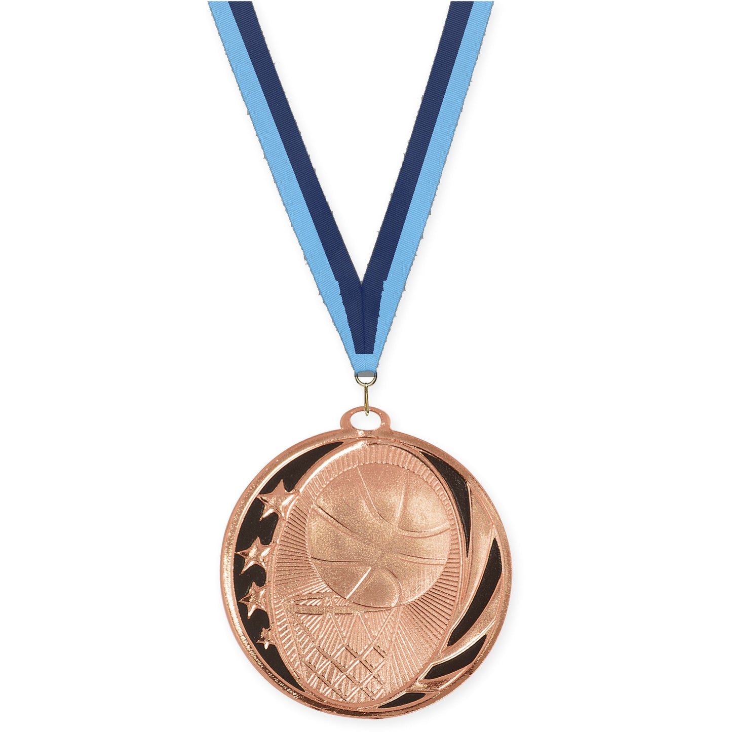 2 inch basketball MidNite Star medal in bright bronze with Light Blue Navy neck ribbon