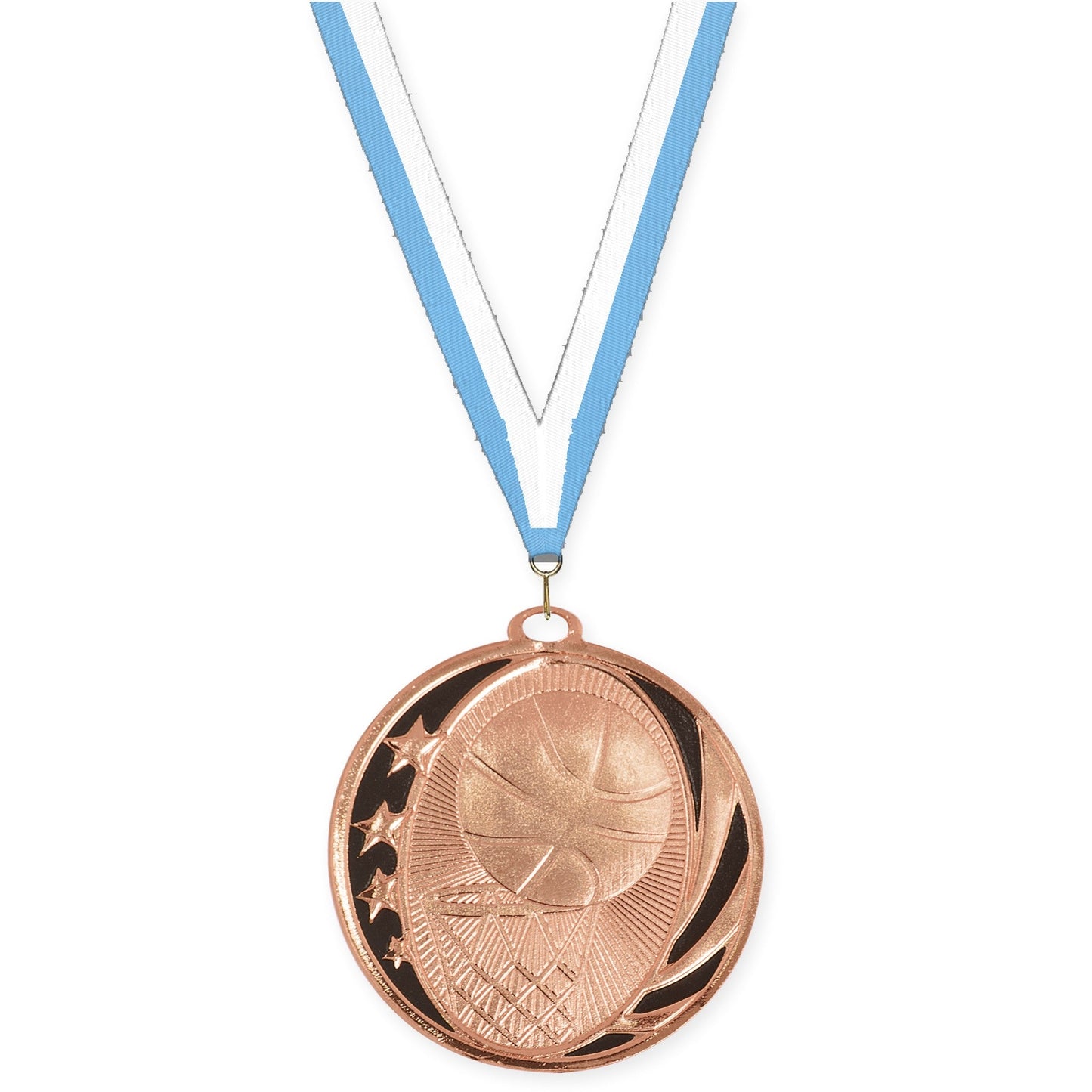 2 inch basketball MidNite Star medal in bright bronze with Light Blue White neck ribbon