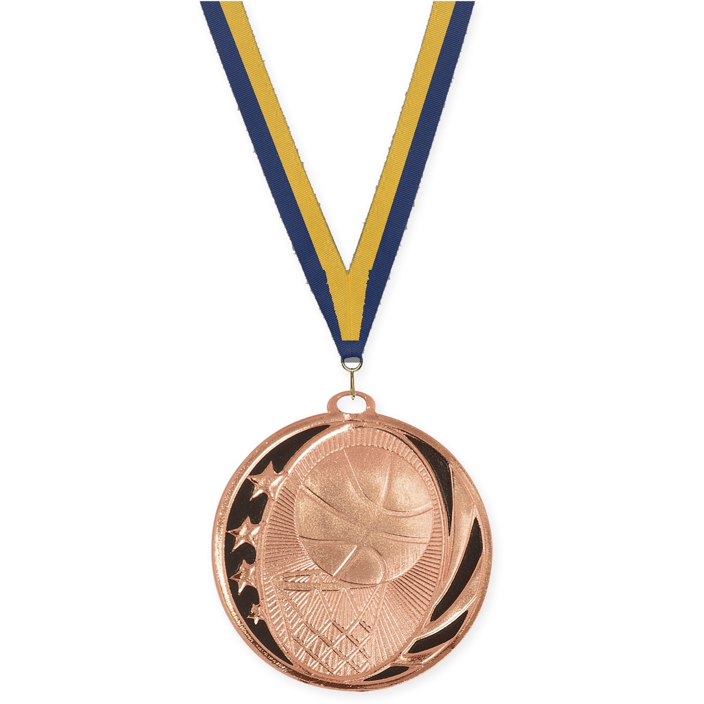 2 inch basketball MidNite Star medal in bright bronze with Navy Gold neck ribbon