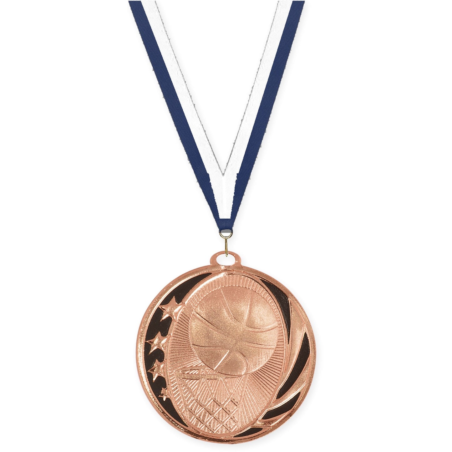 2 inch basketball MidNite Star medal in bright bronze with Navy White neck ribbon