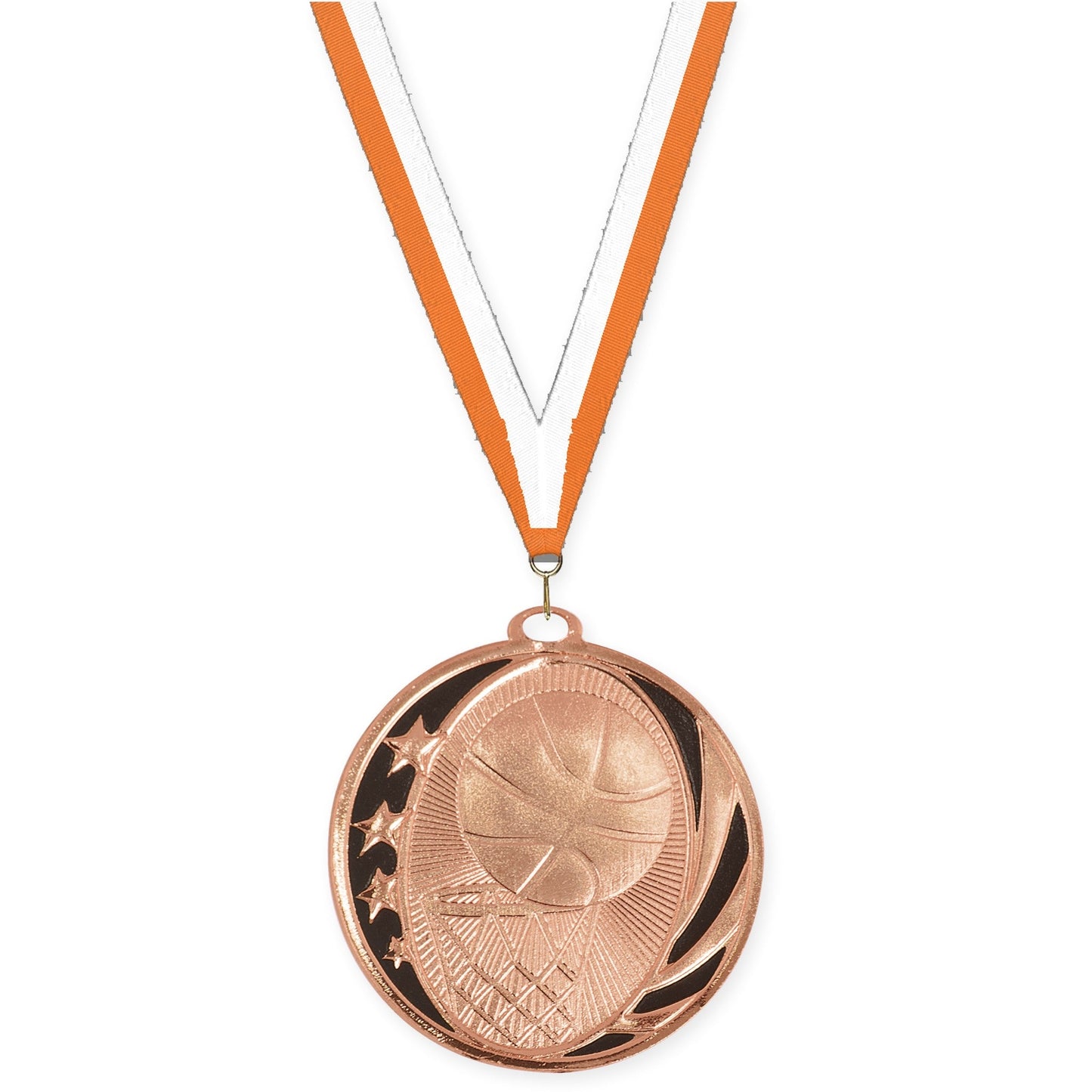 2 inch basketball MidNite Star medal in bright bronze with Orange White neck ribbon