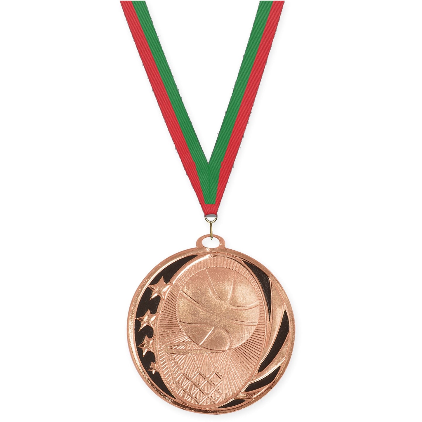 2 inch basketball MidNite Star medal in bright bronze with Red Green neck ribbon