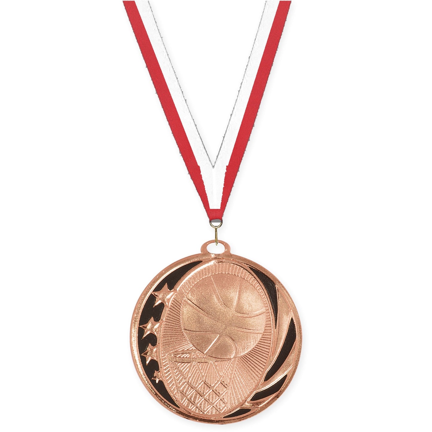 2 inch basketball MidNite Star medal in bright bronze with Red White neck ribbon