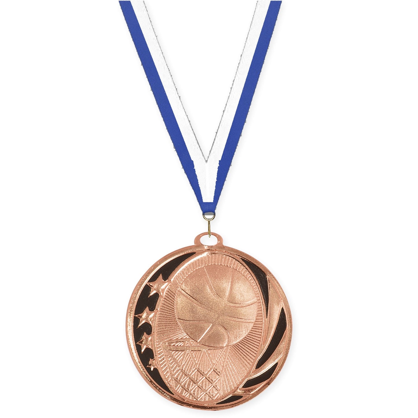 2 inch basketball MidNite Star medal in bright bronze with Blue White neck ribbon