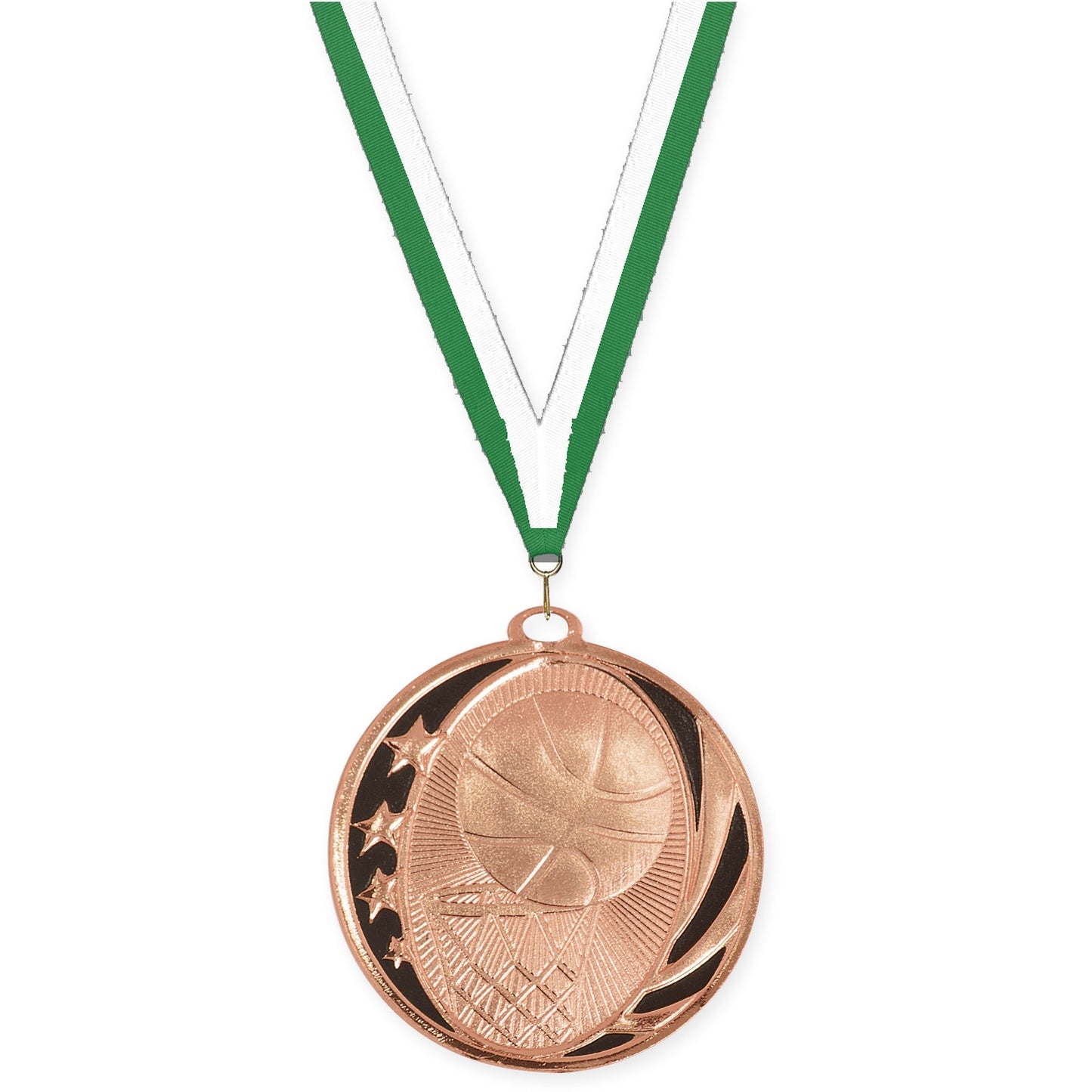 2 inch basketball MidNite Star medal in bright bronze with Green White neck ribbon