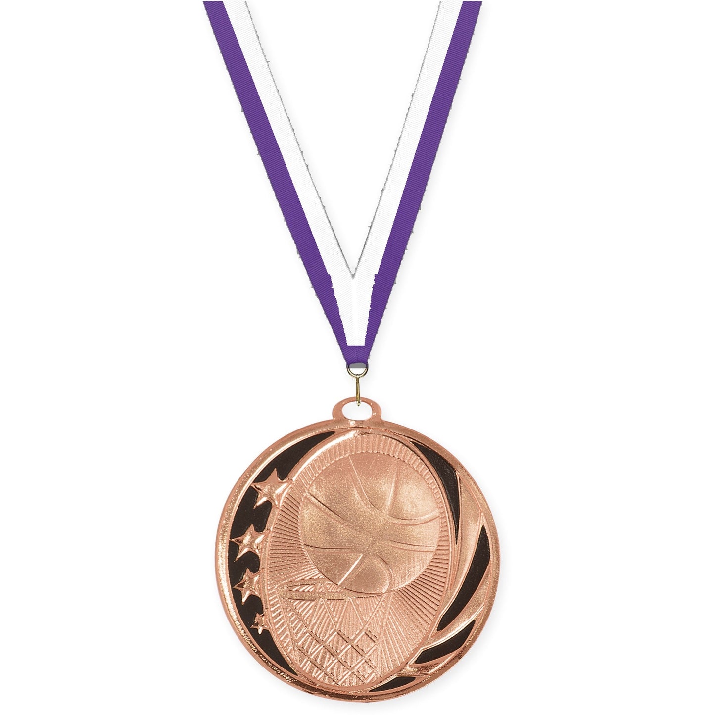 2 inch basketball MidNite Star medal in bright bronze with Purple White neck ribbon