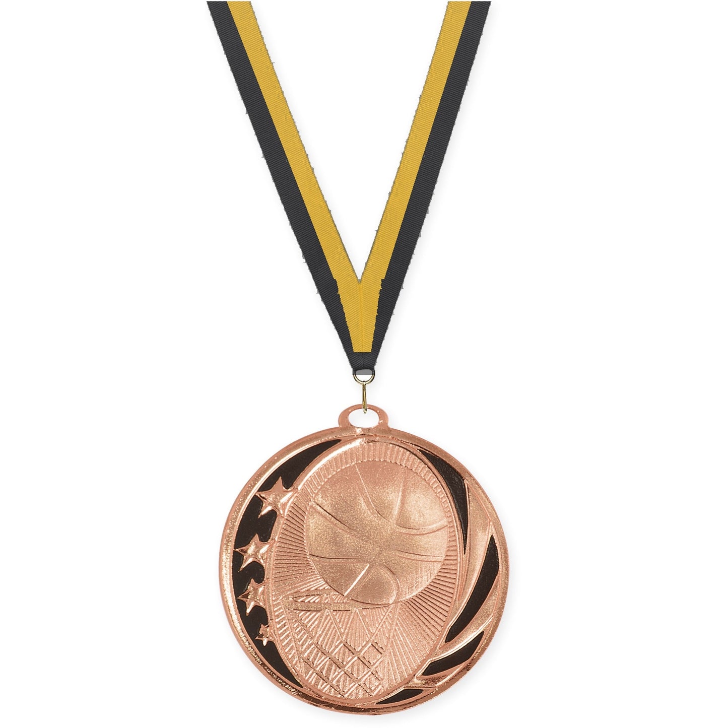 2 inch basketball MidNite Star medal in bright bronze with Black Gold neck ribbon