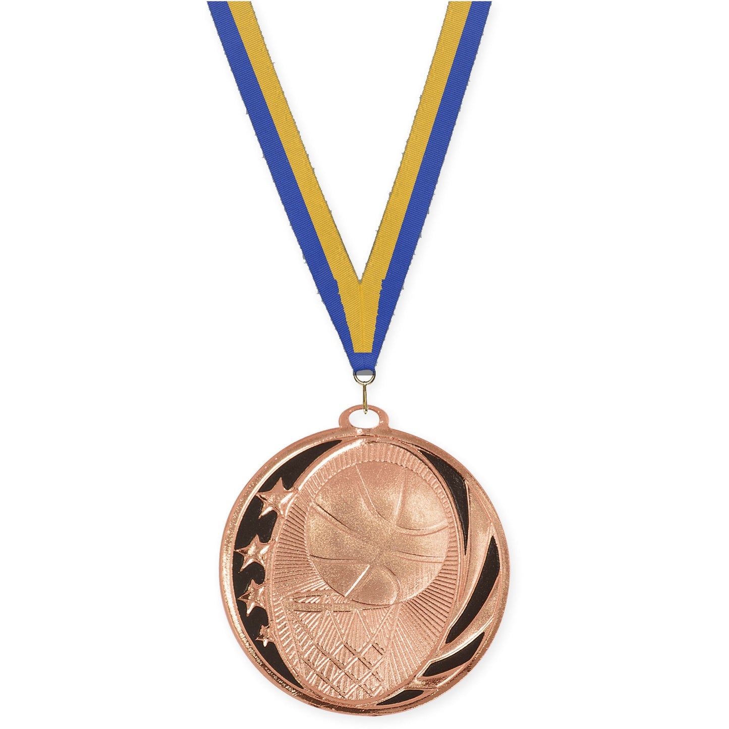 2 inch basketball MidNite Star medal in bright bronze with Blue Gold neck ribbon