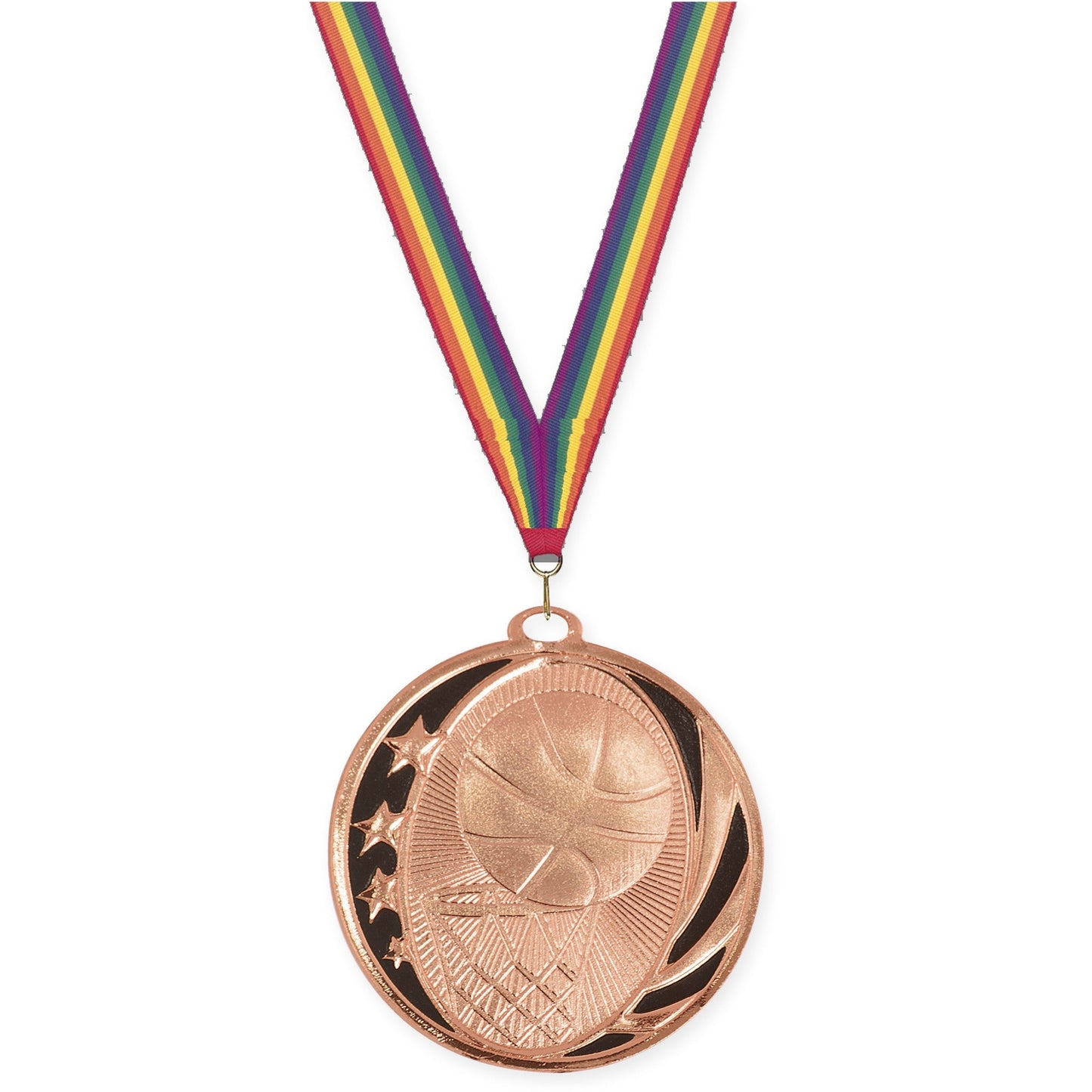 2 inch basketball MidNite Star medal in bright bronze with Rainbow neck ribbon