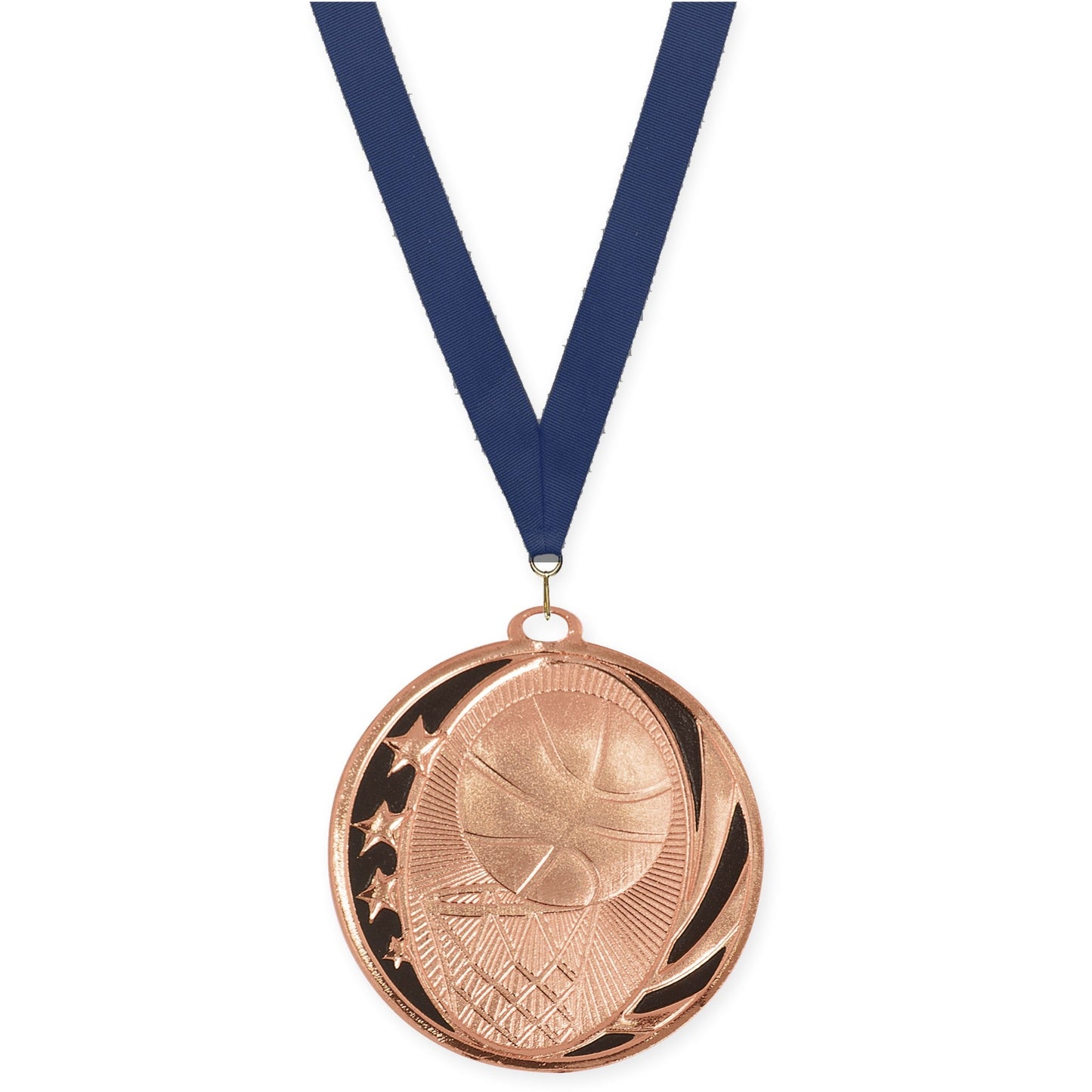 2 inch basketball MidNite Star medal in bright bronze with Navy neck ribbon