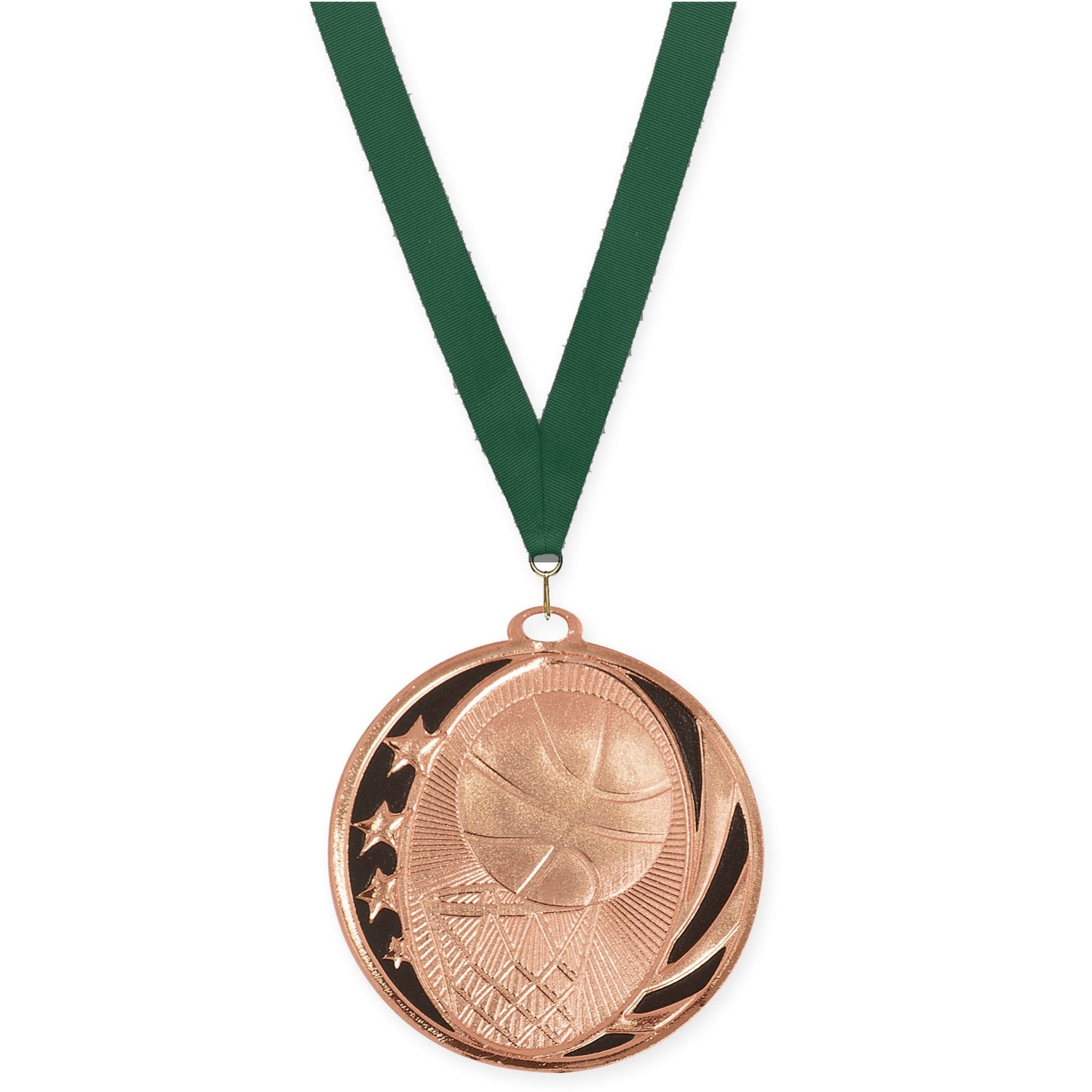 2 inch basketball MidNite Star medal in bright bronze with Hunter Green neck ribbon