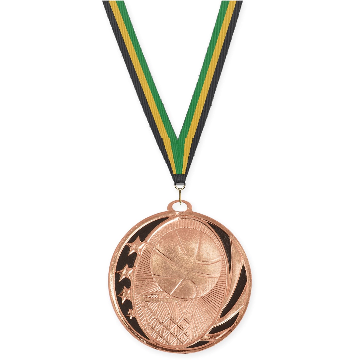2 inch basketball MidNite Star medal in bright bronze with Black Gold Green neck ribbon