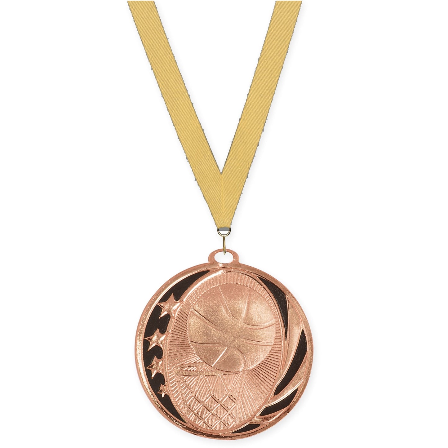 2 inch basketball MidNite Star medal in bright bronze with Gold Metallic neck ribbon