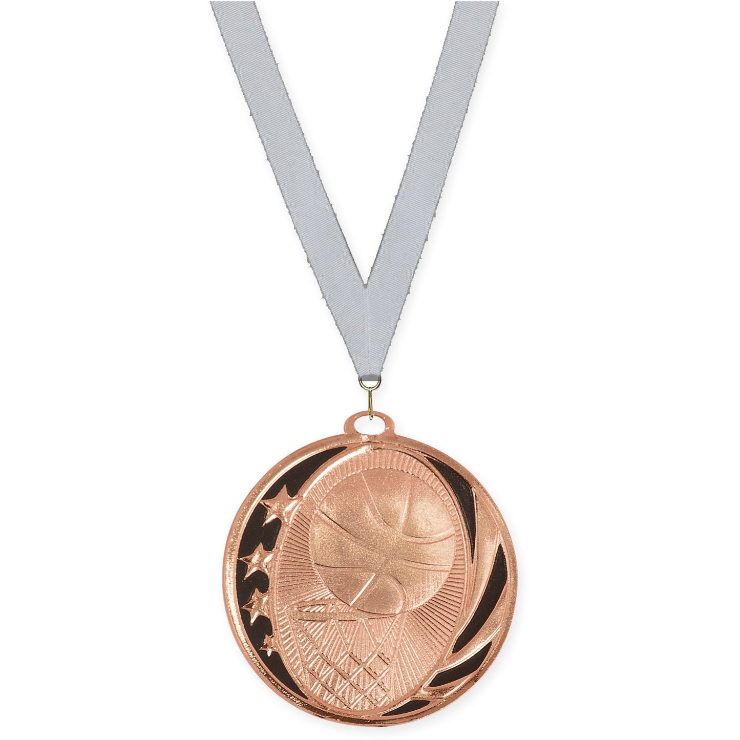 2 inch basketball MidNite Star medal in bright bronze with Silver Metallic neck ribbon