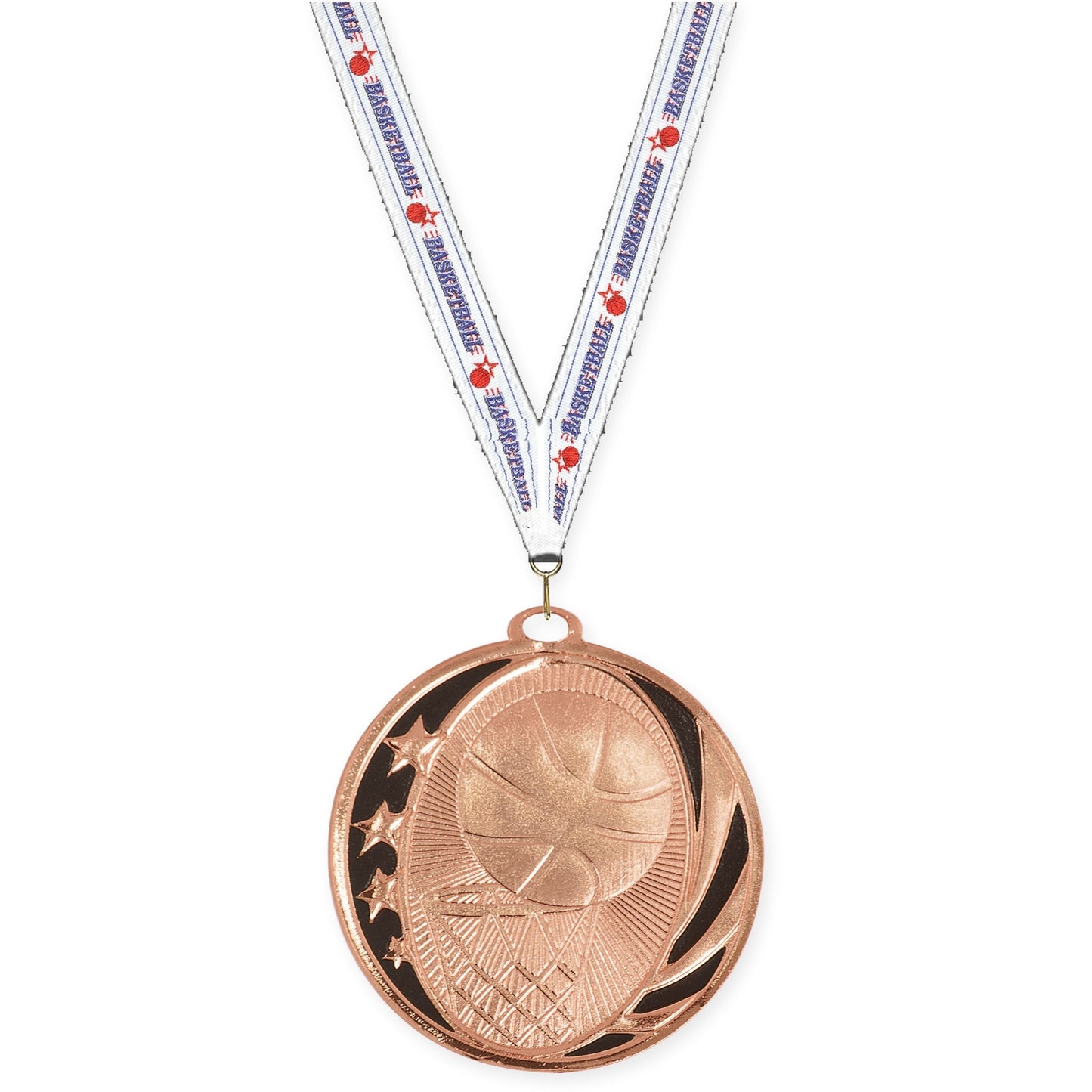 2 inch basketball MidNite Star medal in bright bronze with Basketball neck ribbon