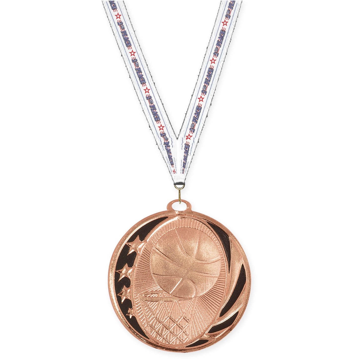 2 inch basketball MidNite Star medal in bright bronze with 2nd Place neck ribbon