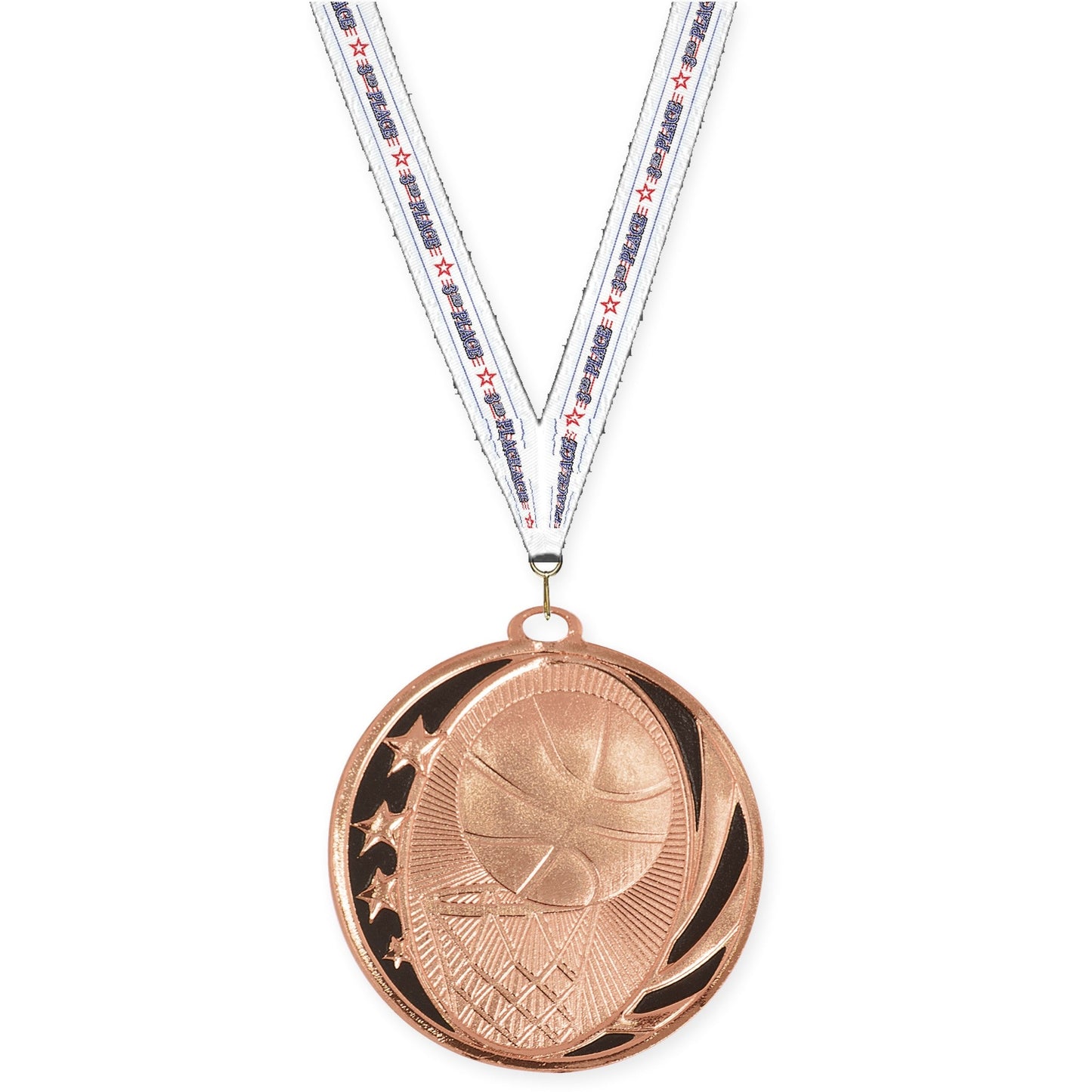 2 inch basketball MidNite Star medal in bright bronze with 3rd Place neck ribbon