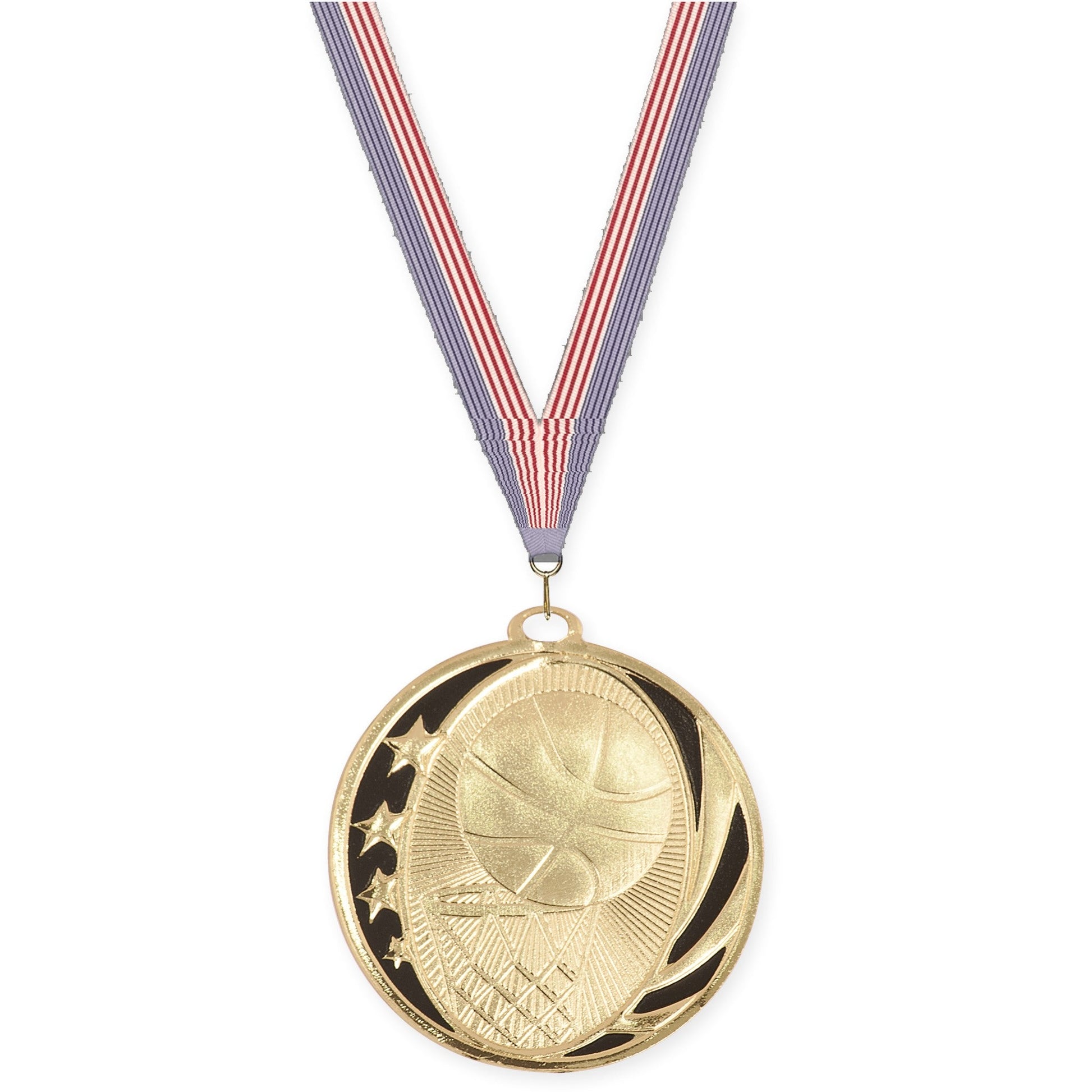 2 inch basketball MidNite Star medal in bright gold with USA Flag neck ribbon