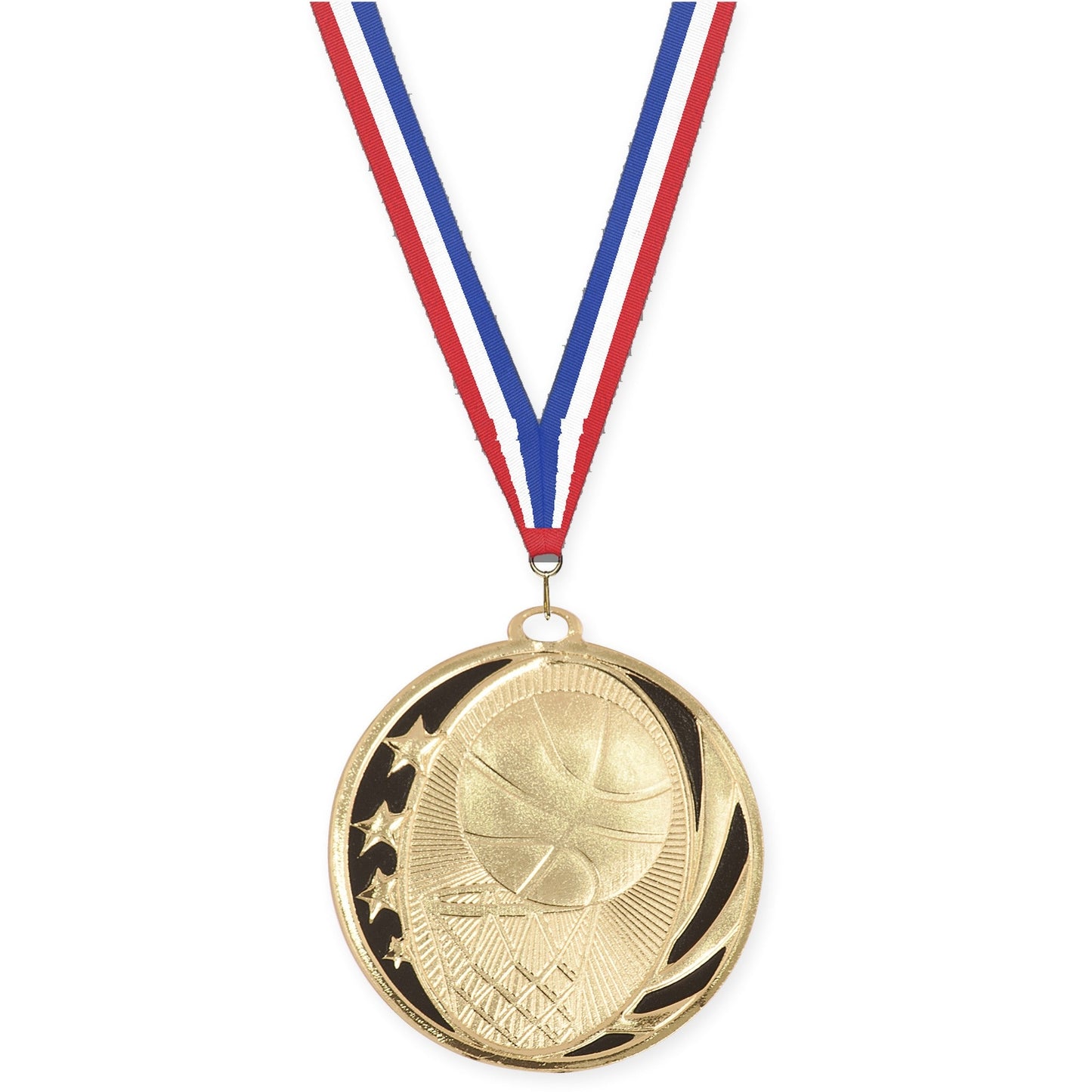 2 inch basketball MidNite Star medal in bright gold with Red White Blue neck ribbon