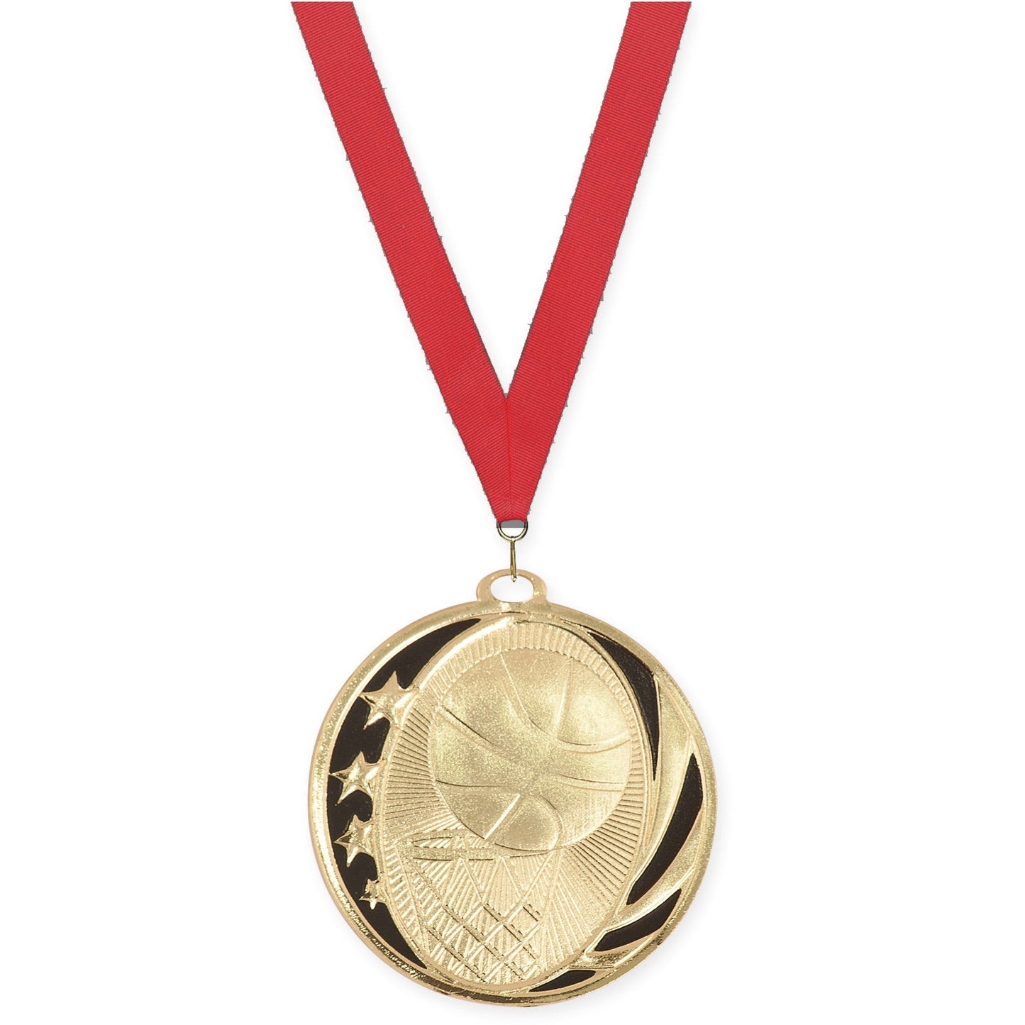 2 inch basketball MidNite Star medal in bright gold with Red neck ribbon