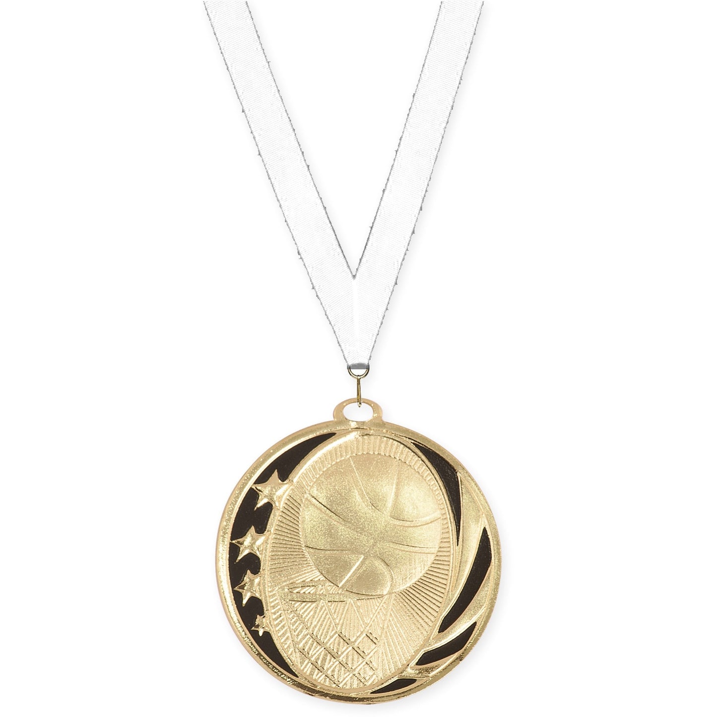 2 inch basketball MidNite Star medal in bright gold with White neck ribbon