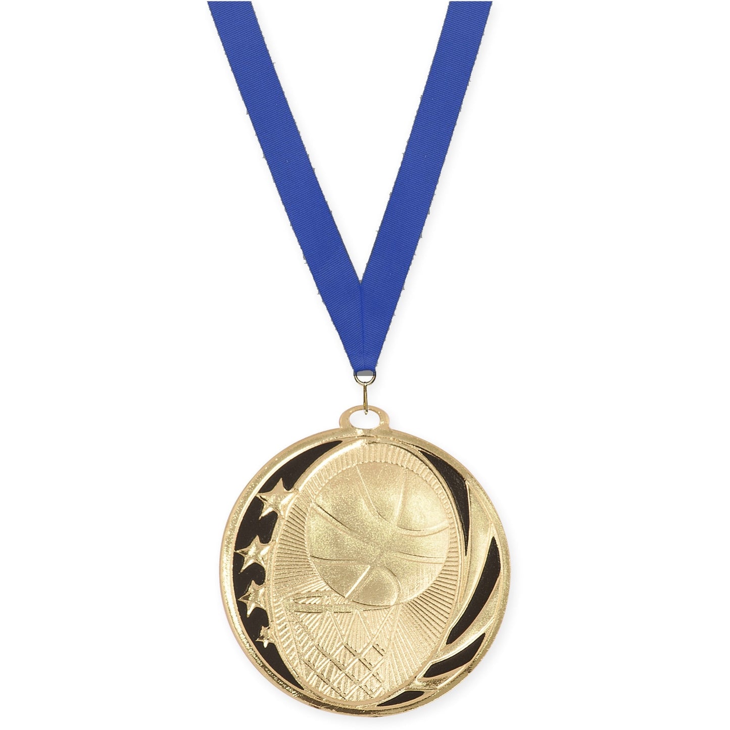 2 inch basketball MidNite Star medal in bright gold with Blue neck ribbon