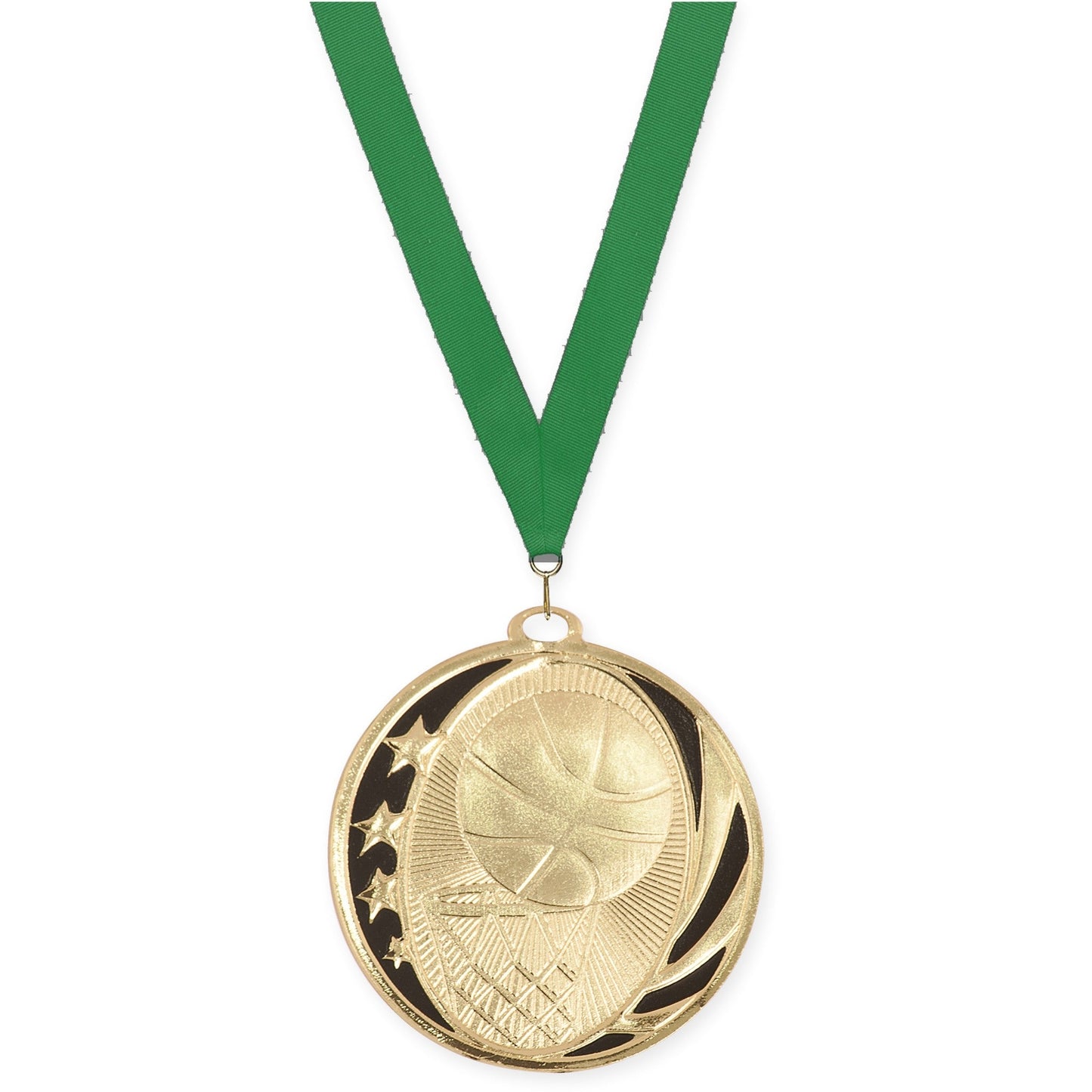 2 inch basketball MidNite Star medal in bright gold with Green neck ribbon