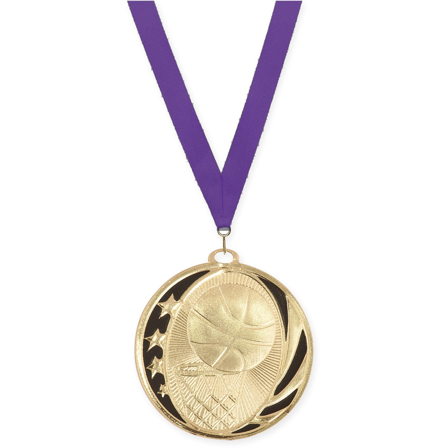 2 inch basketball MidNite Star medal in bright gold with Purple neck ribbon
