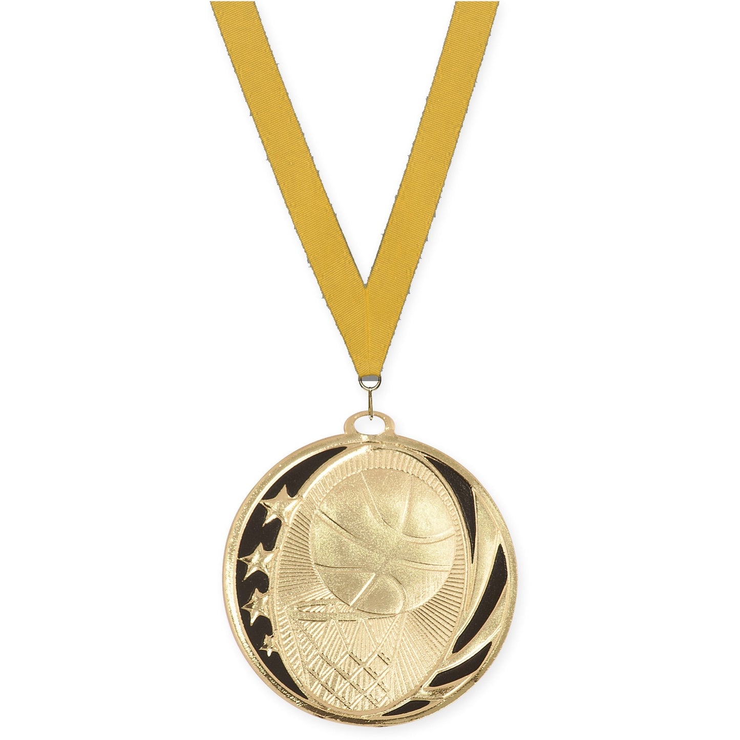 2 inch basketball MidNite Star medal in bright gold with Gold neck ribbon