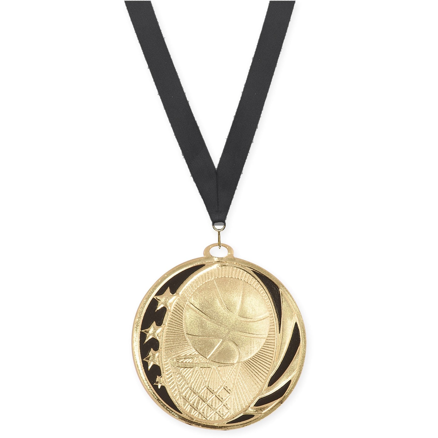 2 inch basketball MidNite Star medal in bright gold with Black neck ribbon