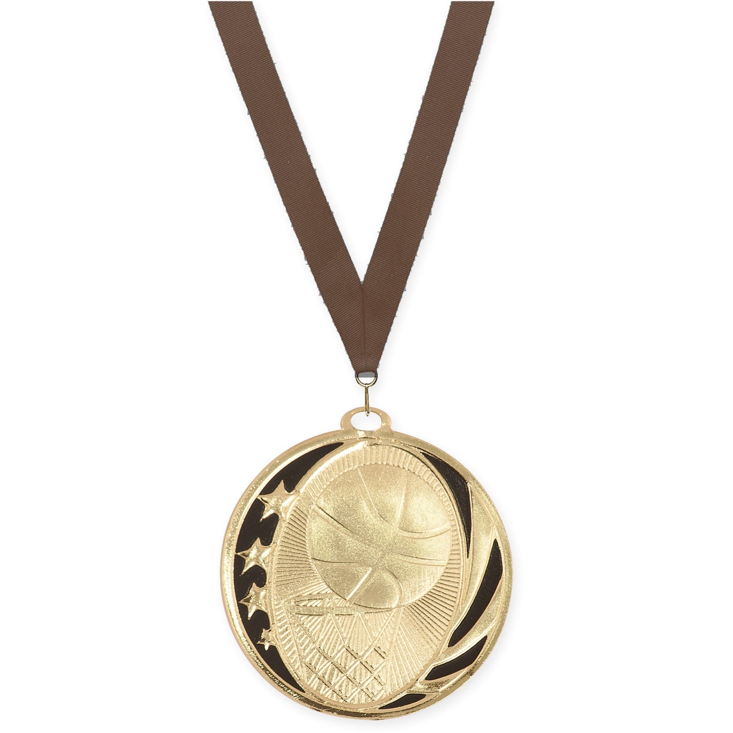 2 inch basketball MidNite Star medal in bright gold with Brown neck ribbon