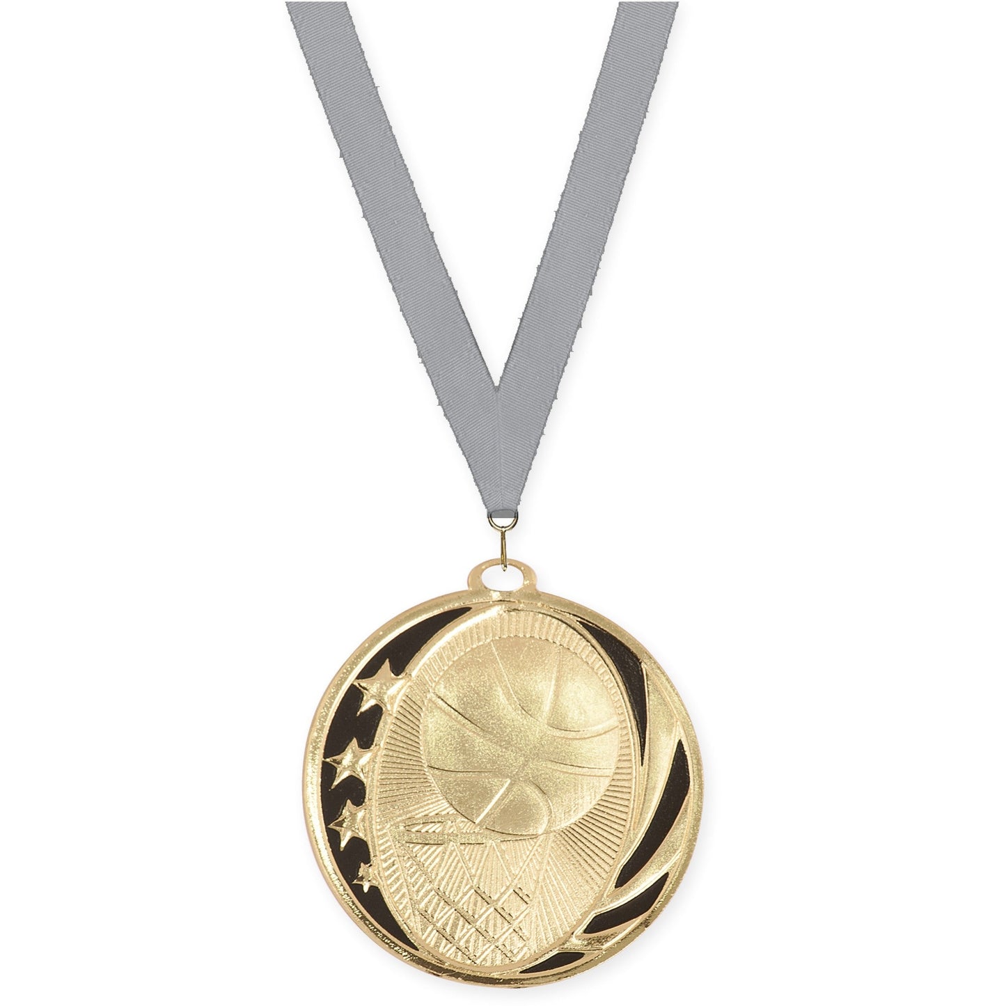 2 inch basketball MidNite Star medal in bright gold with Gray neck ribbon