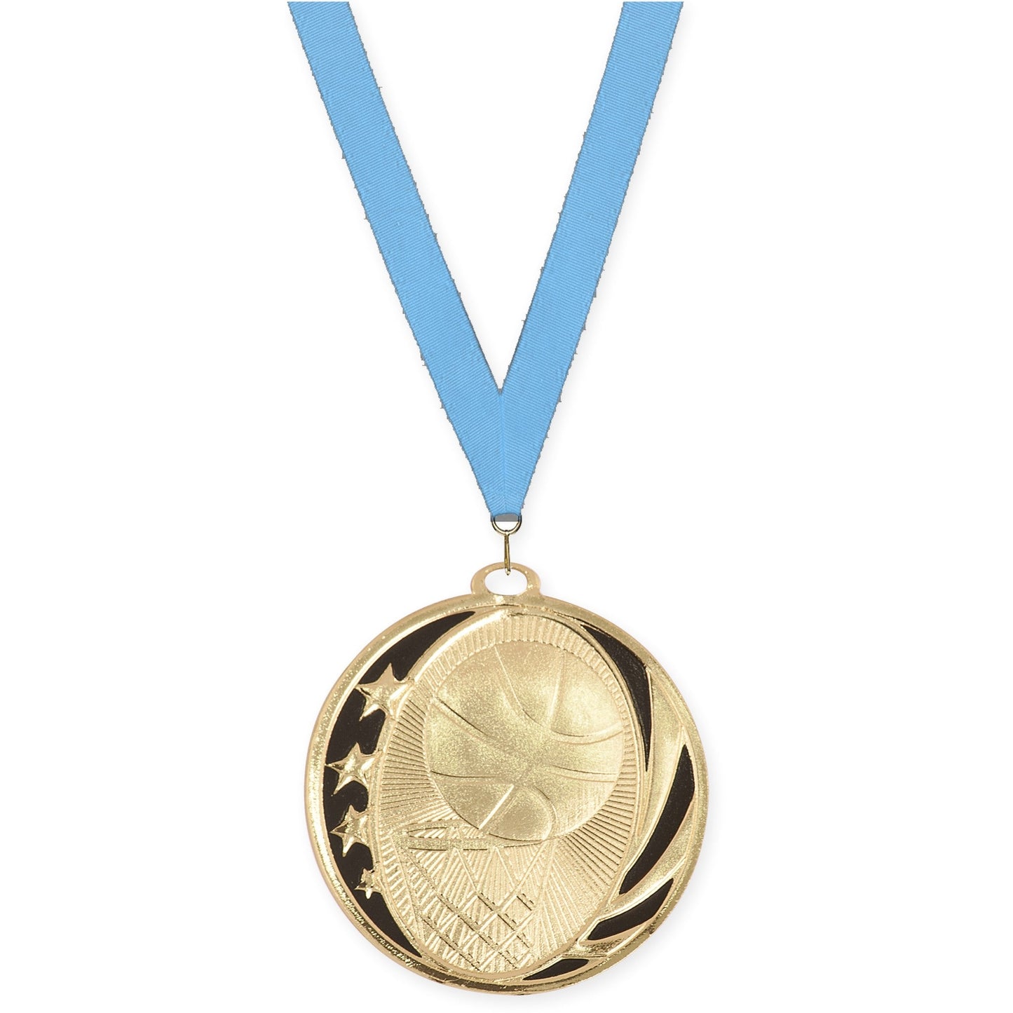 2 inch basketball MidNite Star medal in bright gold with Light Blue neck ribbon
