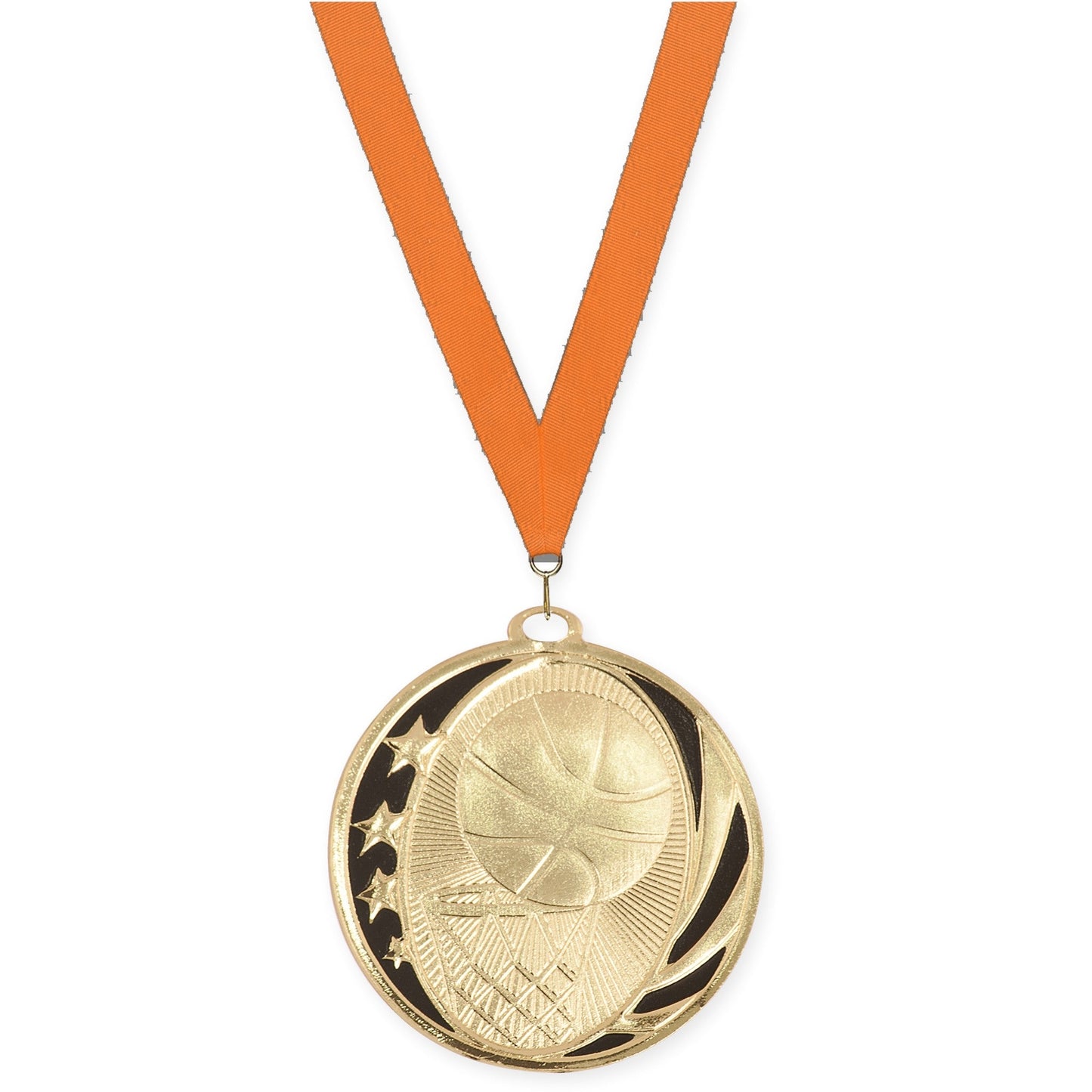 2 inch basketball MidNite Star medal in bright gold with Orange neck ribbon