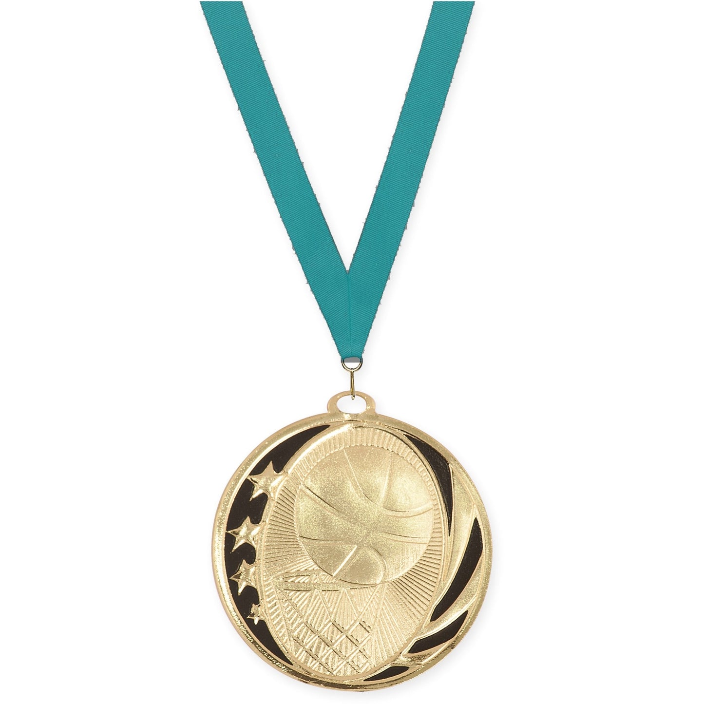2 inch basketball MidNite Star medal in bright gold with Teal neck ribbon