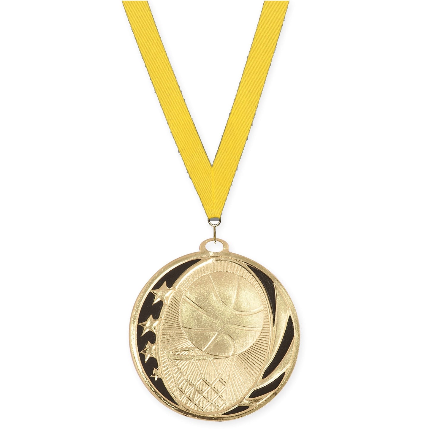 2 inch basketball MidNite Star medal in bright gold with Yellow neck ribbon