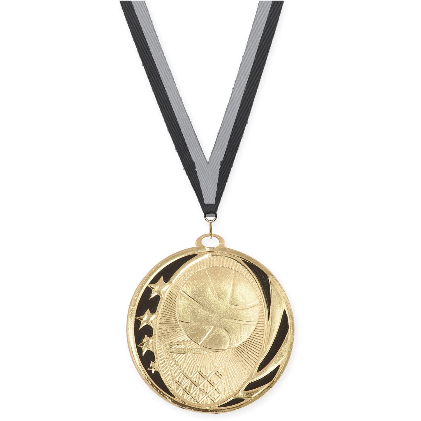 2 inch basketball MidNite Star medal in bright gold with Black Gray neck ribbon