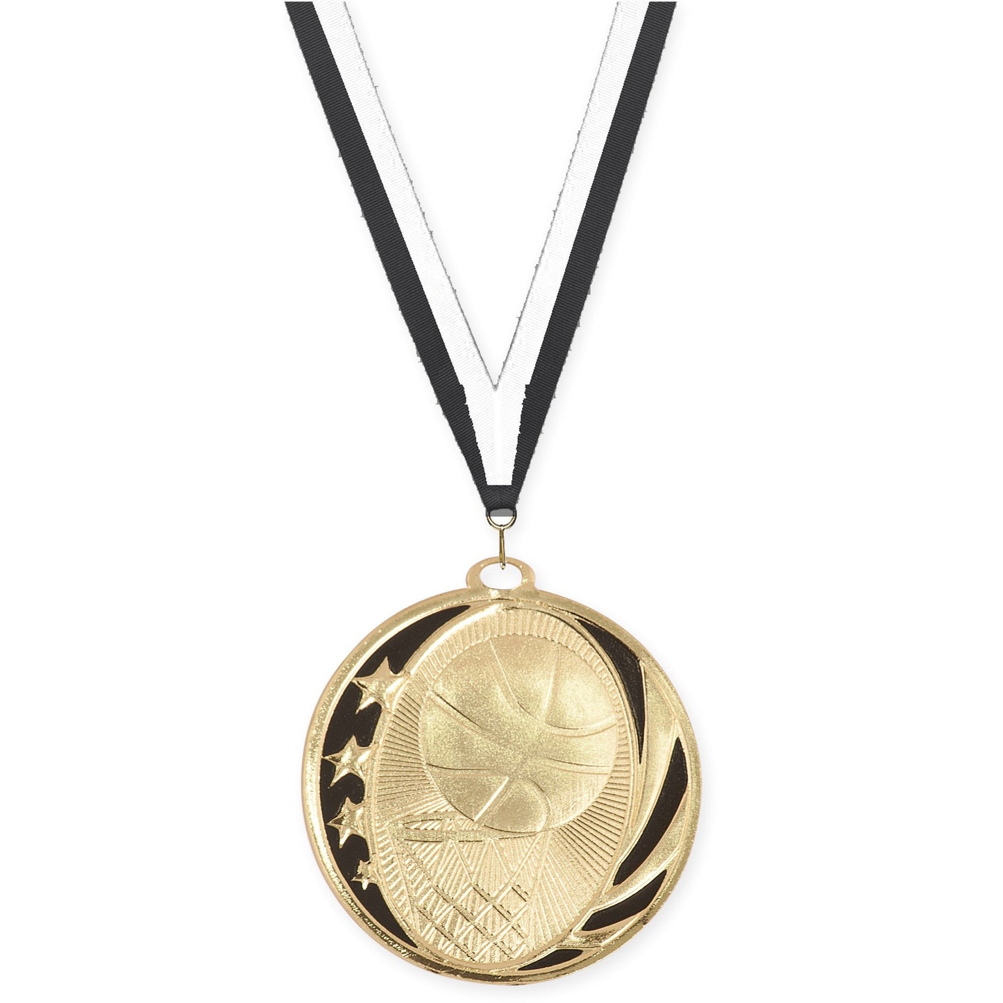 2 inch basketball MidNite Star medal in bright gold with Black White neck ribbon