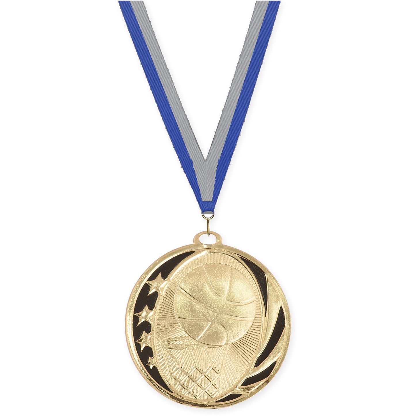 2 inch basketball MidNite Star medal in bright gold with Blue Gray neck ribbon