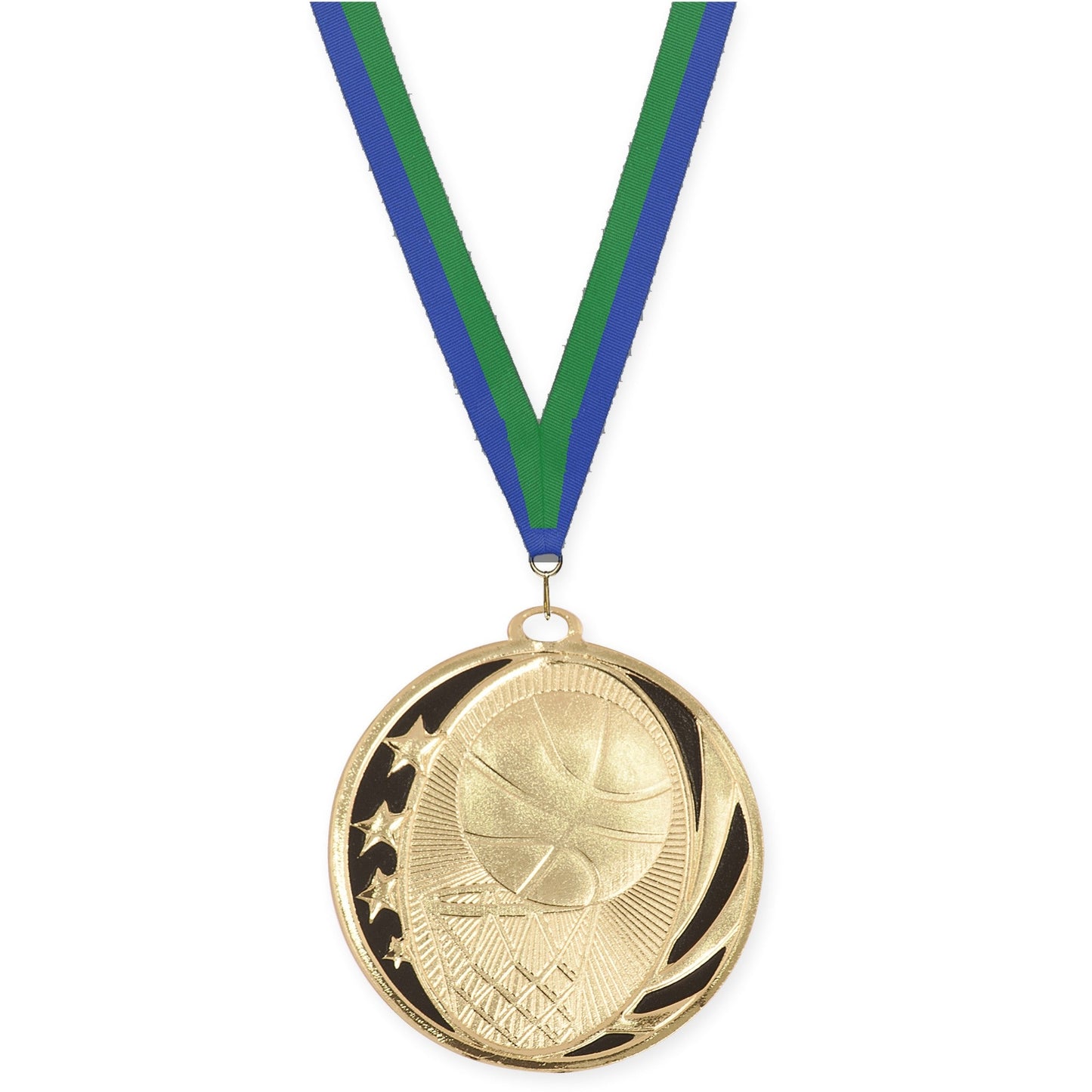 2 inch basketball MidNite Star medal in bright gold with Blue Green neck ribbon
