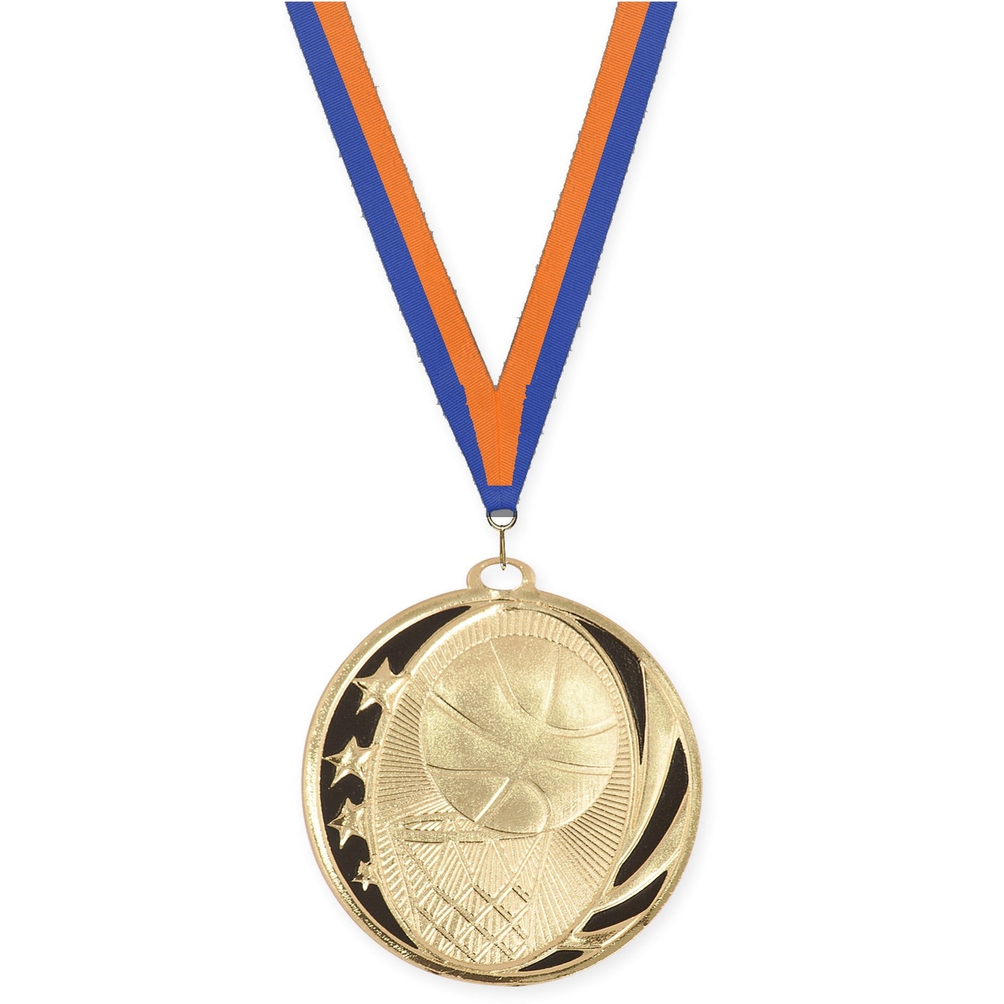 2 inch basketball MidNite Star medal in bright gold with Blue Orange neck ribbon