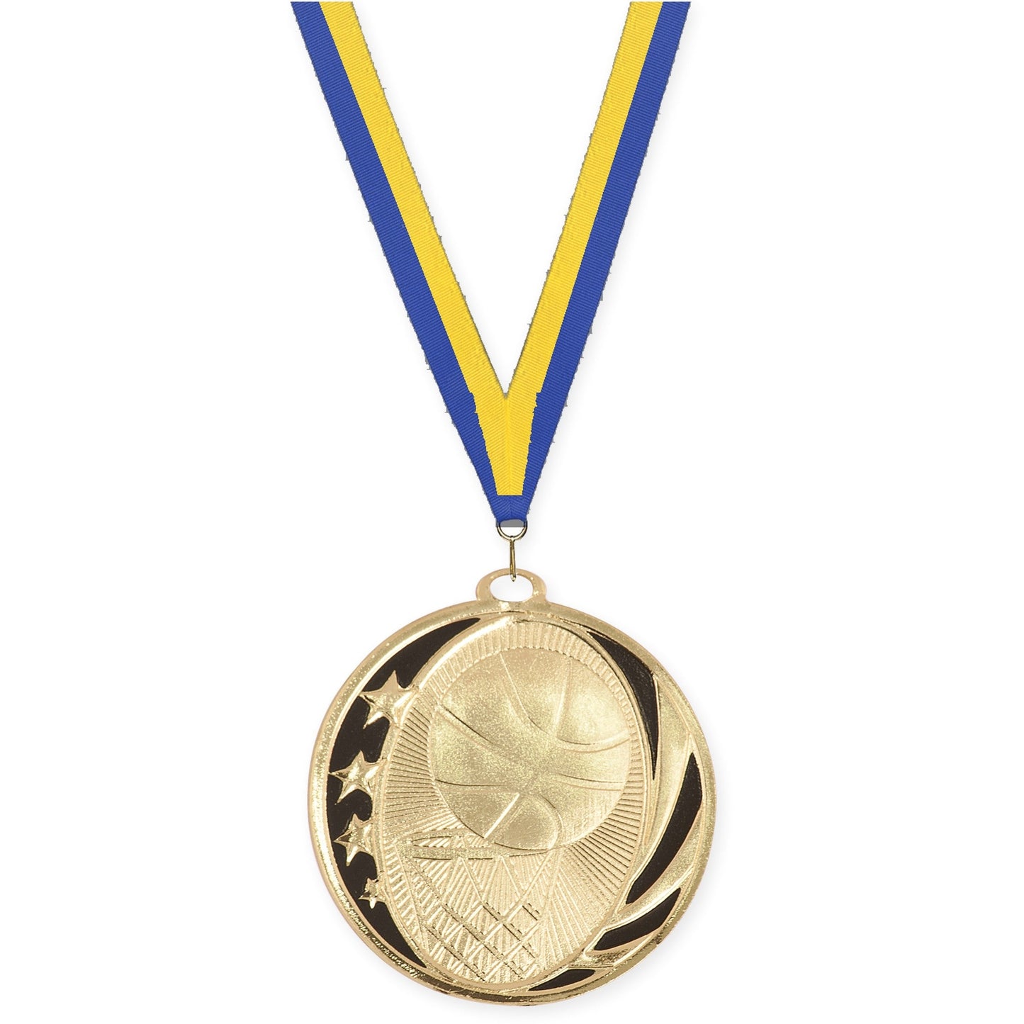 2 inch basketball MidNite Star medal in bright gold with Blue Yellow neck ribbon