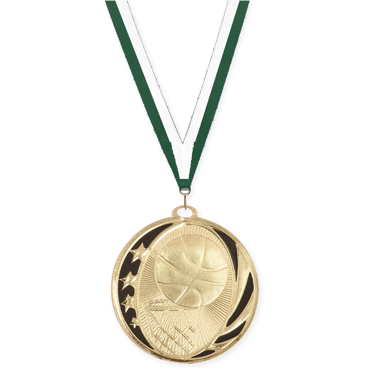 2 inch basketball MidNite Star medal in bright gold with Hunter Green White neck ribbon