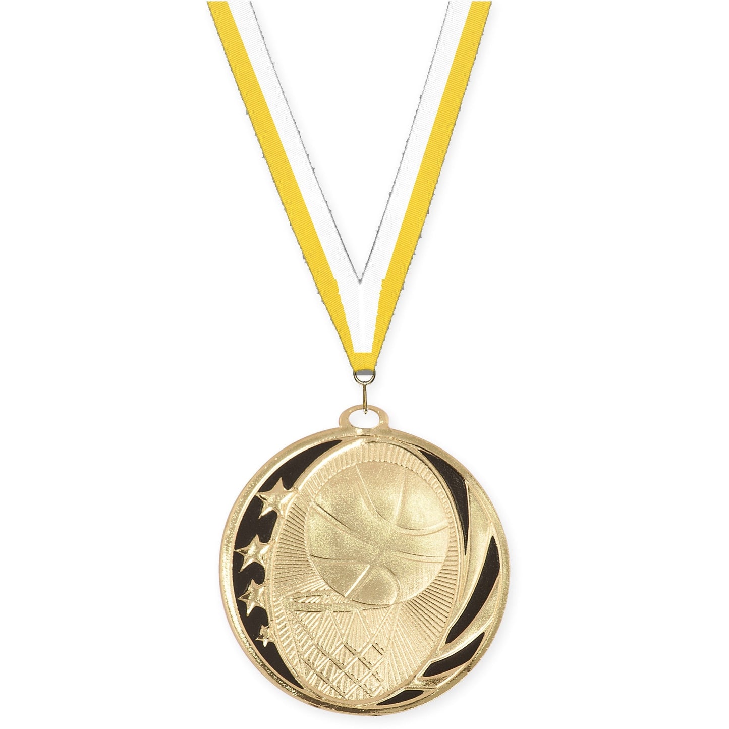 2 inch basketball MidNite Star medal in bright gold with Yellow White neck ribbon