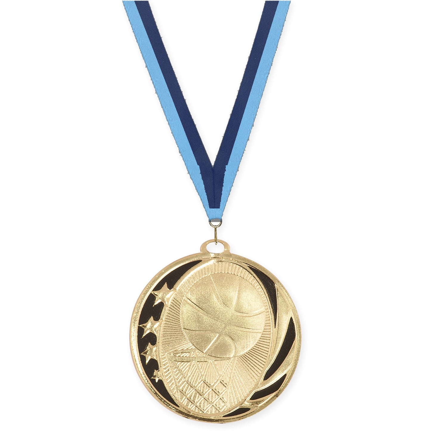 2 inch basketball MidNite Star medal in bright gold with Light Blue Navy neck ribbon