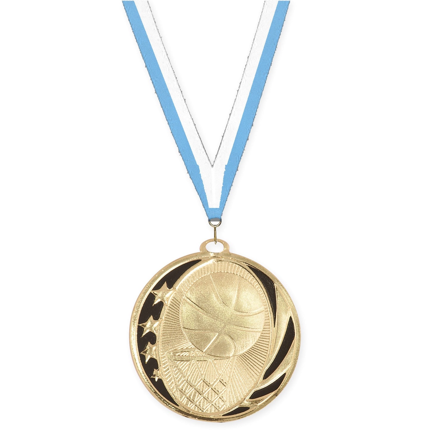 2 inch basketball MidNite Star medal in bright gold with Light Blue White neck ribbon