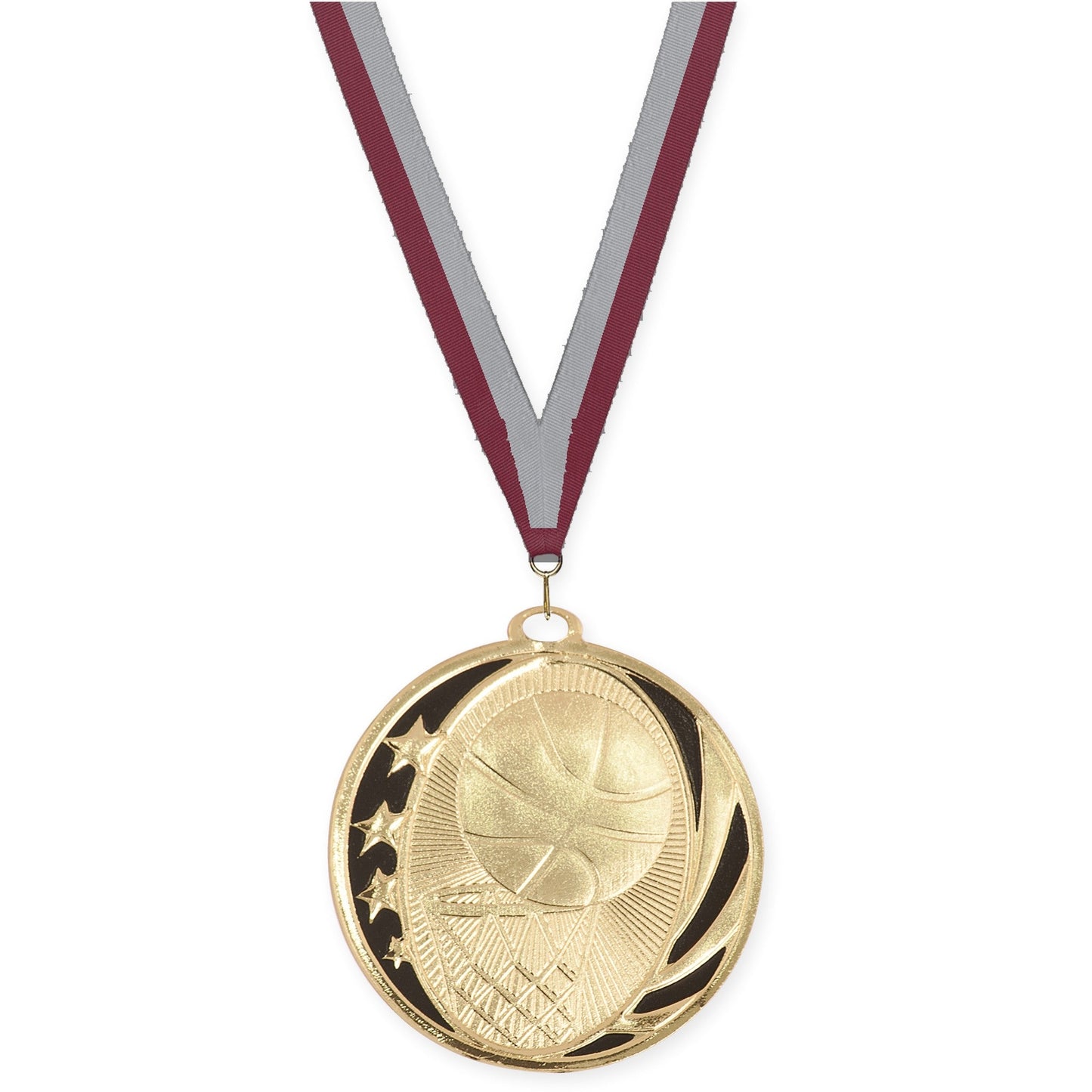 2 inch basketball MidNite Star medal in bright gold with Maroon Gray neck ribbon