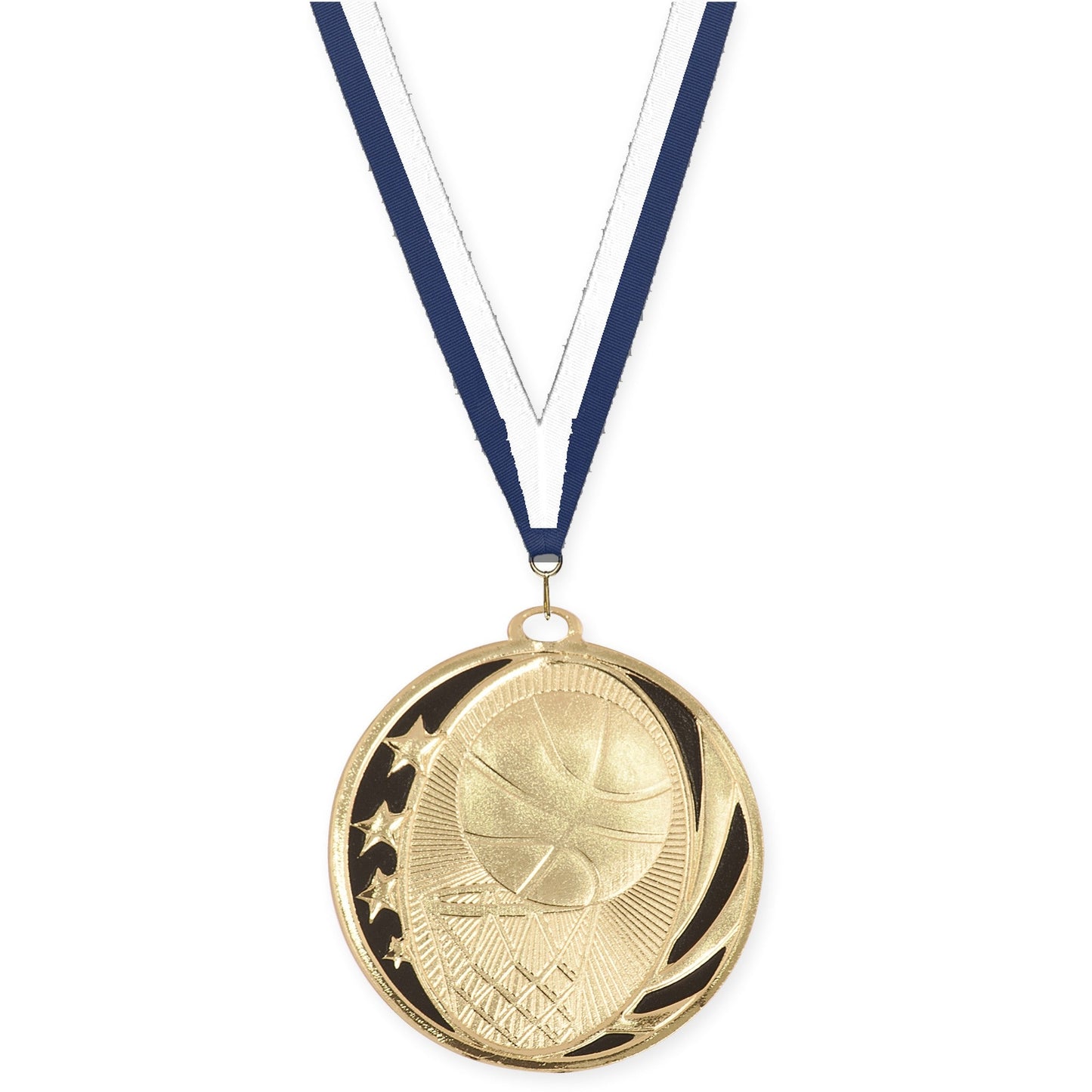 2 inch basketball MidNite Star medal in bright gold with Navy White neck ribbon