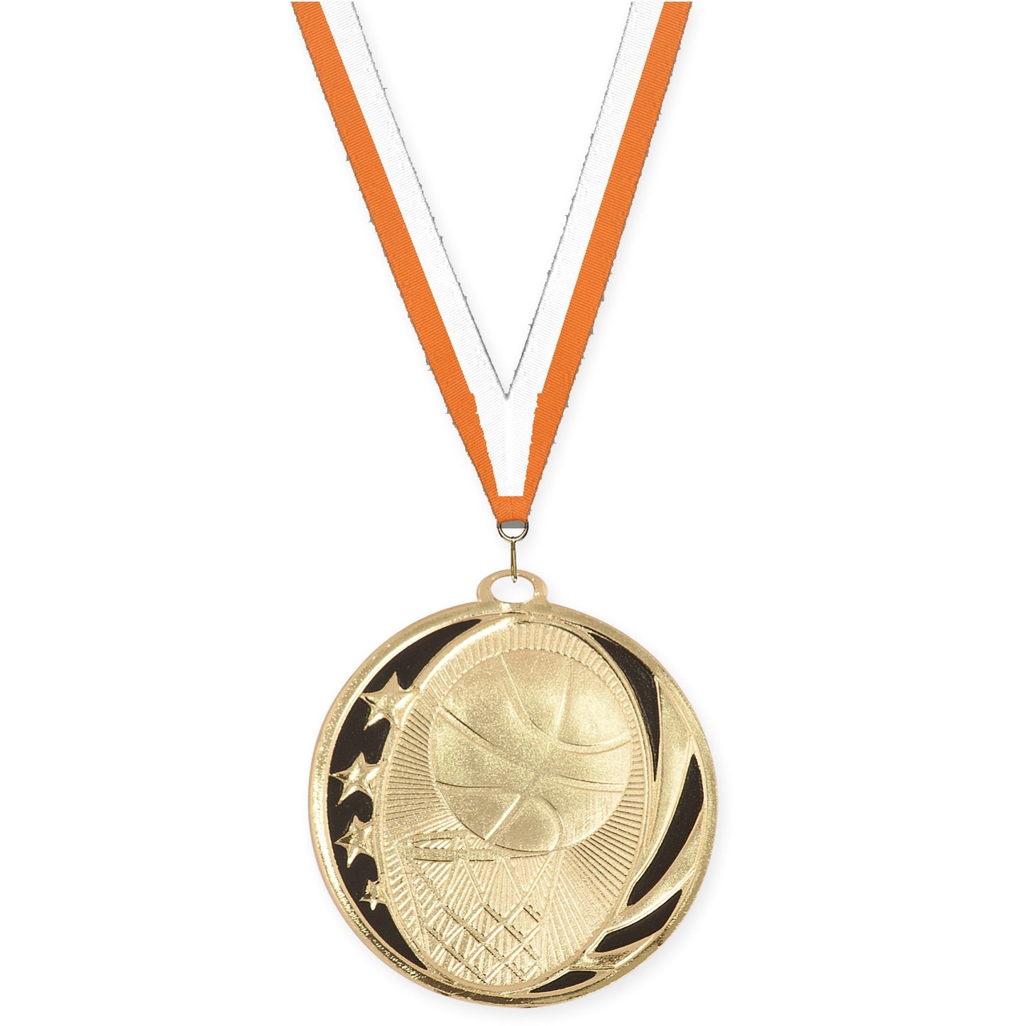 2 inch basketball MidNite Star medal in bright gold with Orange White neck ribbon