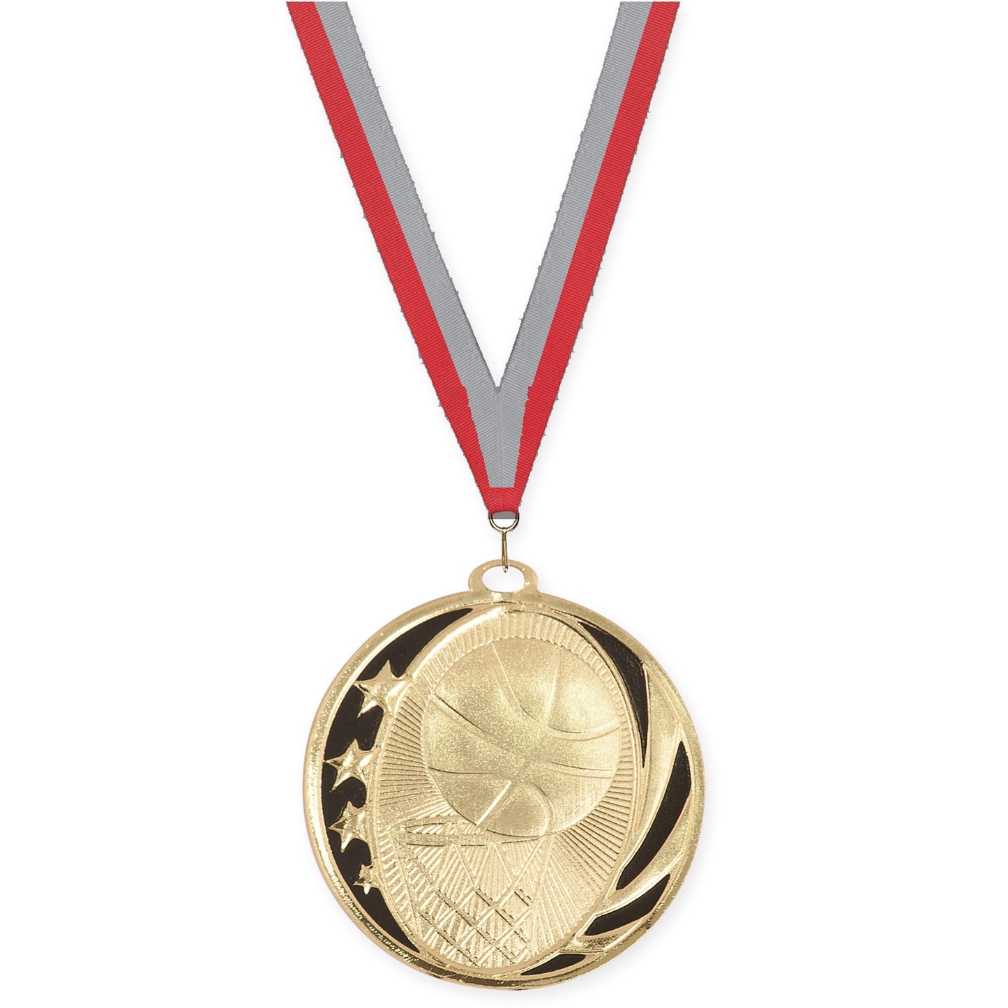 2 inch basketball MidNite Star medal in bright gold with Red Gray neck ribbon